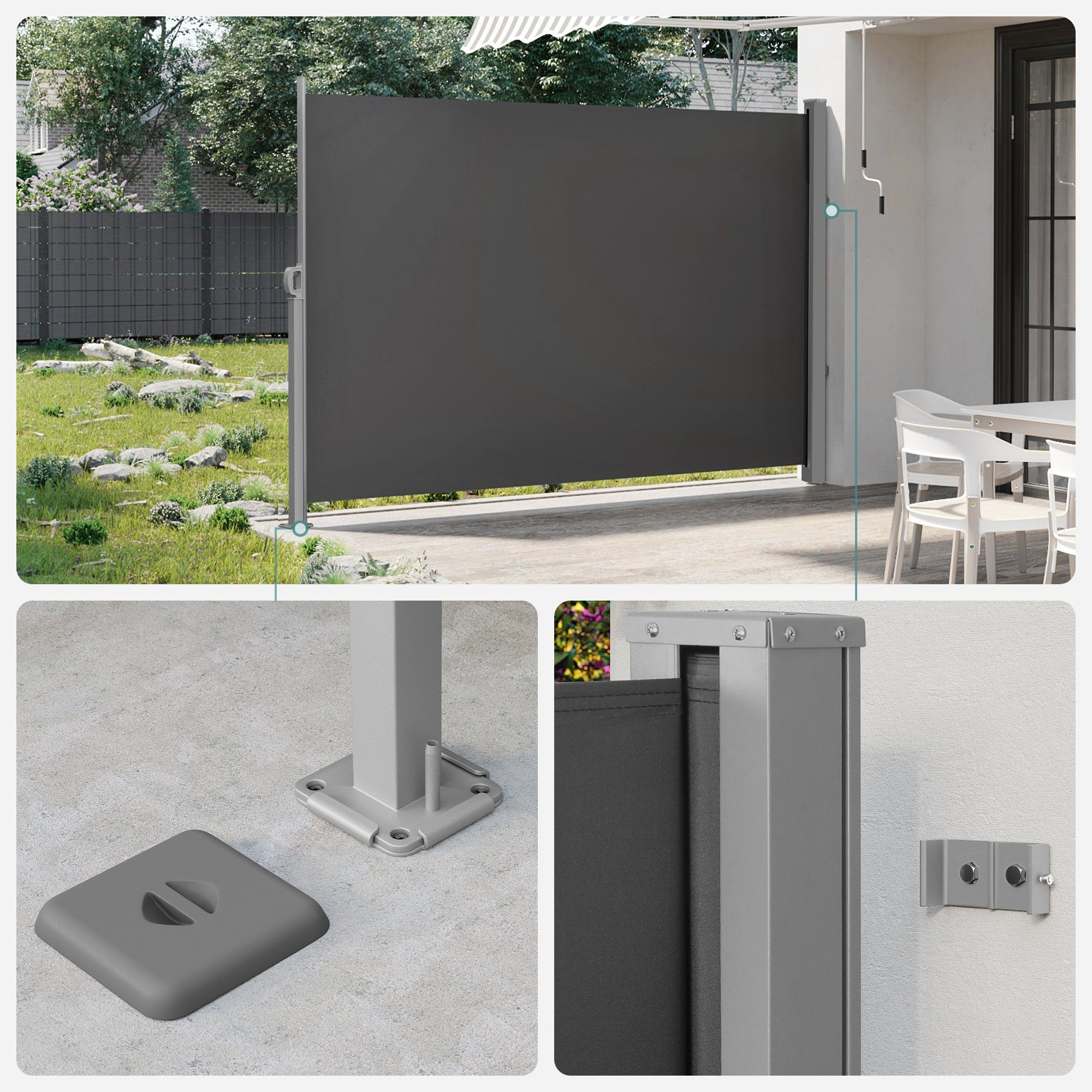 SONGMICS Seitenmarkise ausziehbar, Sichtschutz, balkon terrasse, Windschutz (Sonnenschutz, inkl. Zubehörpaket & Anleitung) Balkon, mitgelieferte Bodenhalterung