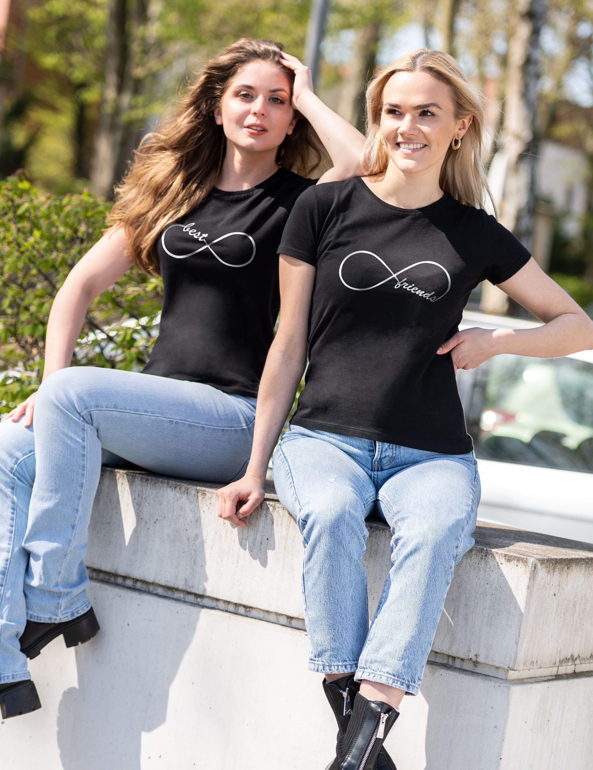 T-Shirt Damen Designz / trendigem Best Friends Set T-Shirt BFF Schwarz Forever Frontprint mit Best Youth