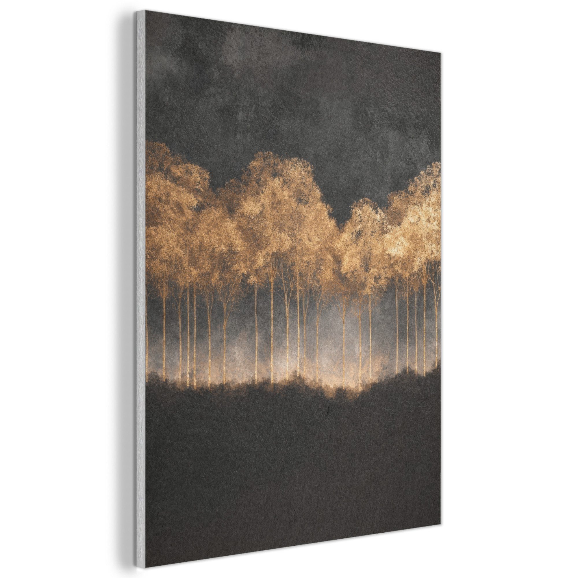 MuchoWow Gemälde Goldene Bäume in nebliger Landschaft, Fotodruck (1 St), Akustikpaneele, Wandpaneele, Schalldämmung, Akustikbilder 30x40 cm