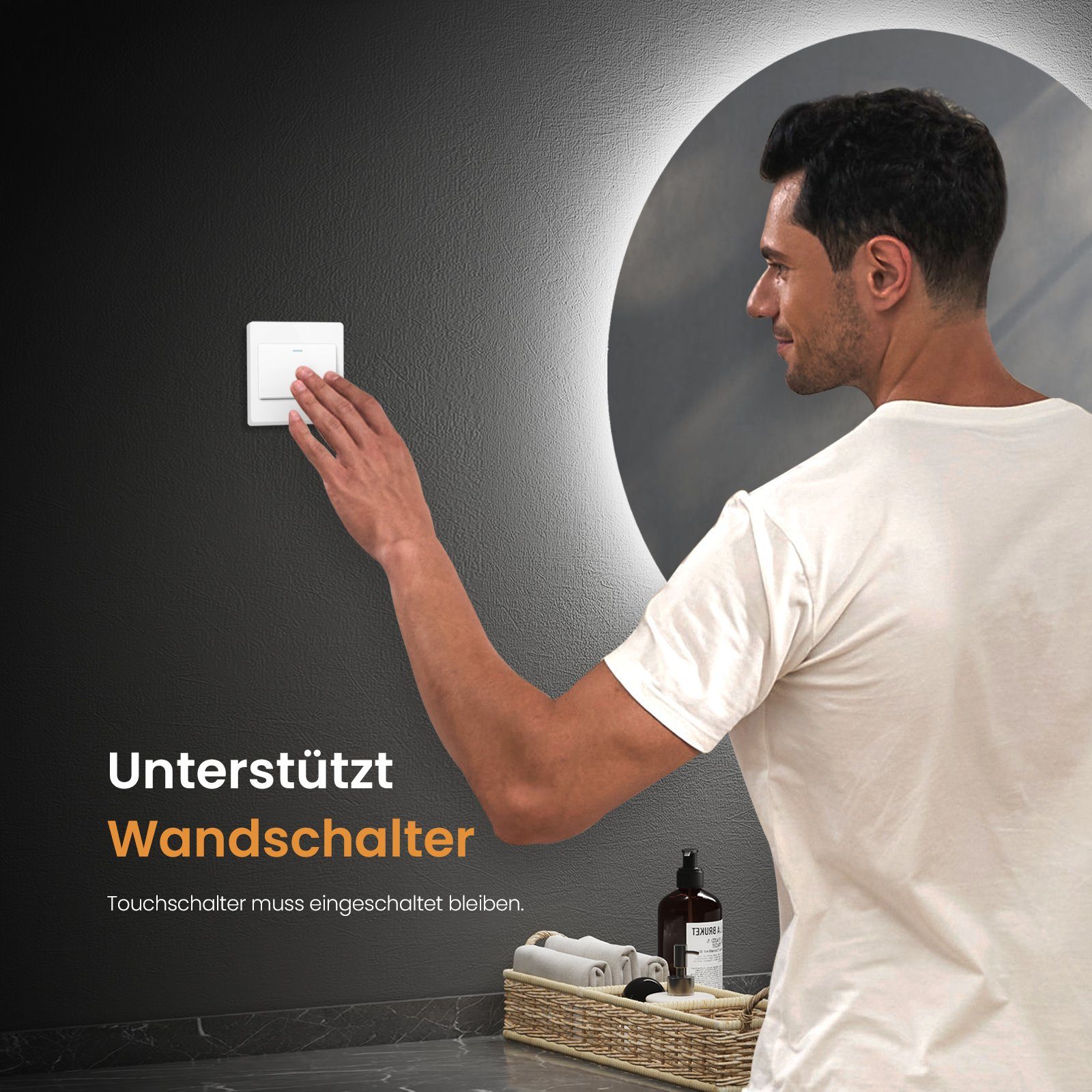 EMKE Badspiegel LED-Badspiegel rund mit Beleuchtung, 3 Lichtfarben, Anti-Beschlag (50-80 cm, Touchschalter), 3 Lichtfarben Helligkeit Einstellbar,Memory-Funktion,Energiesparend