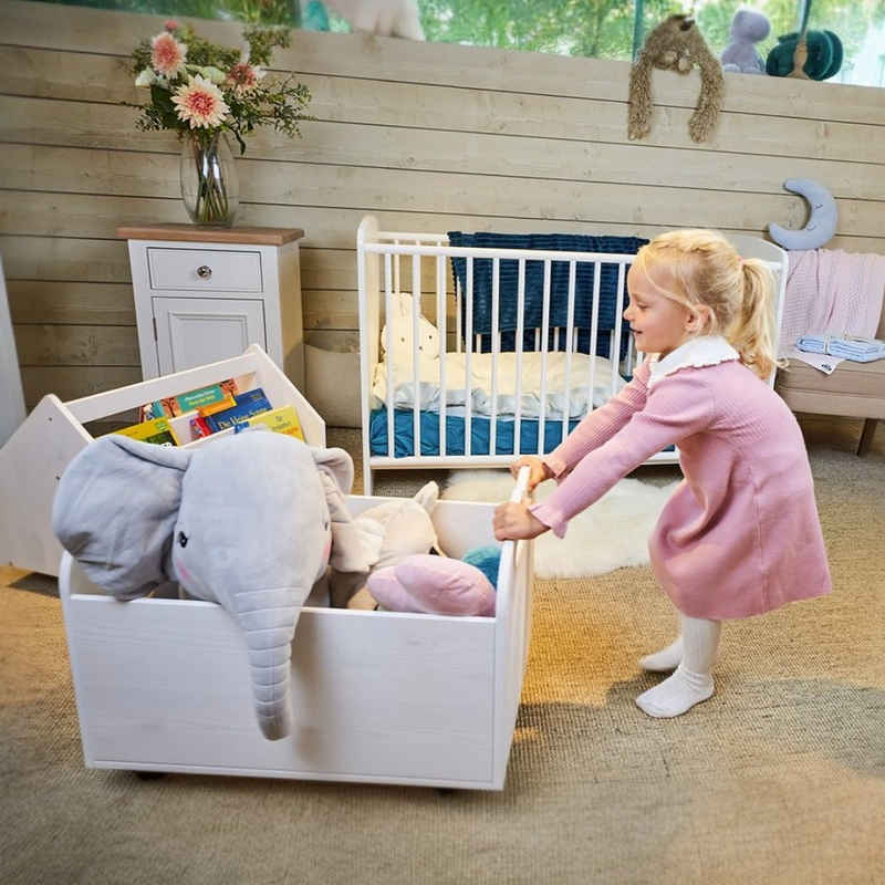 Alavya Home® Spielzeugtruhe BULLI Premiumqualität für Kinder (Kinderzimmerregal Spielzeugkiste), Spielzeug-Organizer mit 4 Rollen Aufbewahrungsregal aus Kiefernholz