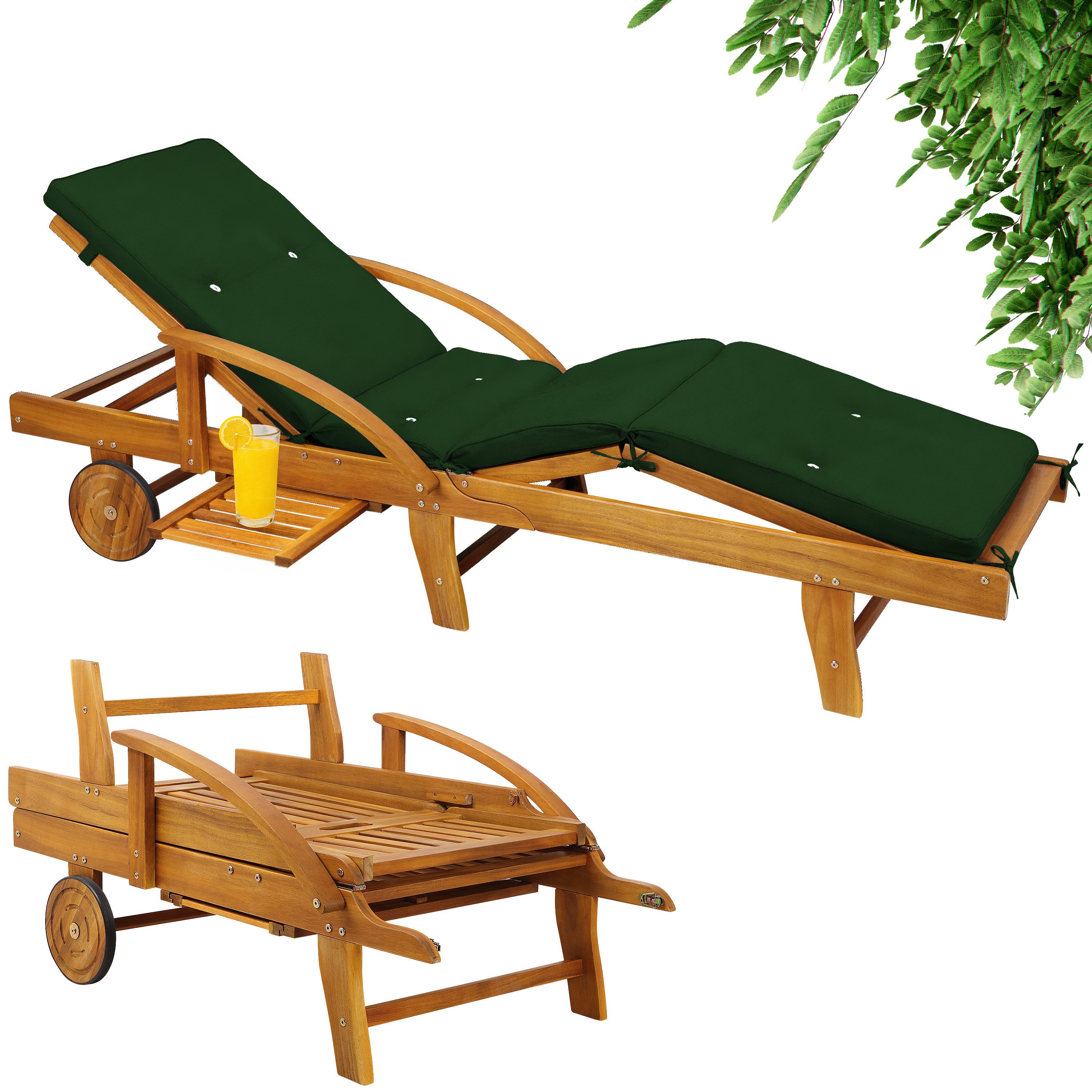 Casaria Gartenliege, Auflage Grün 320kg Belastbar Klappbar Räder Ablage Akazie Garten