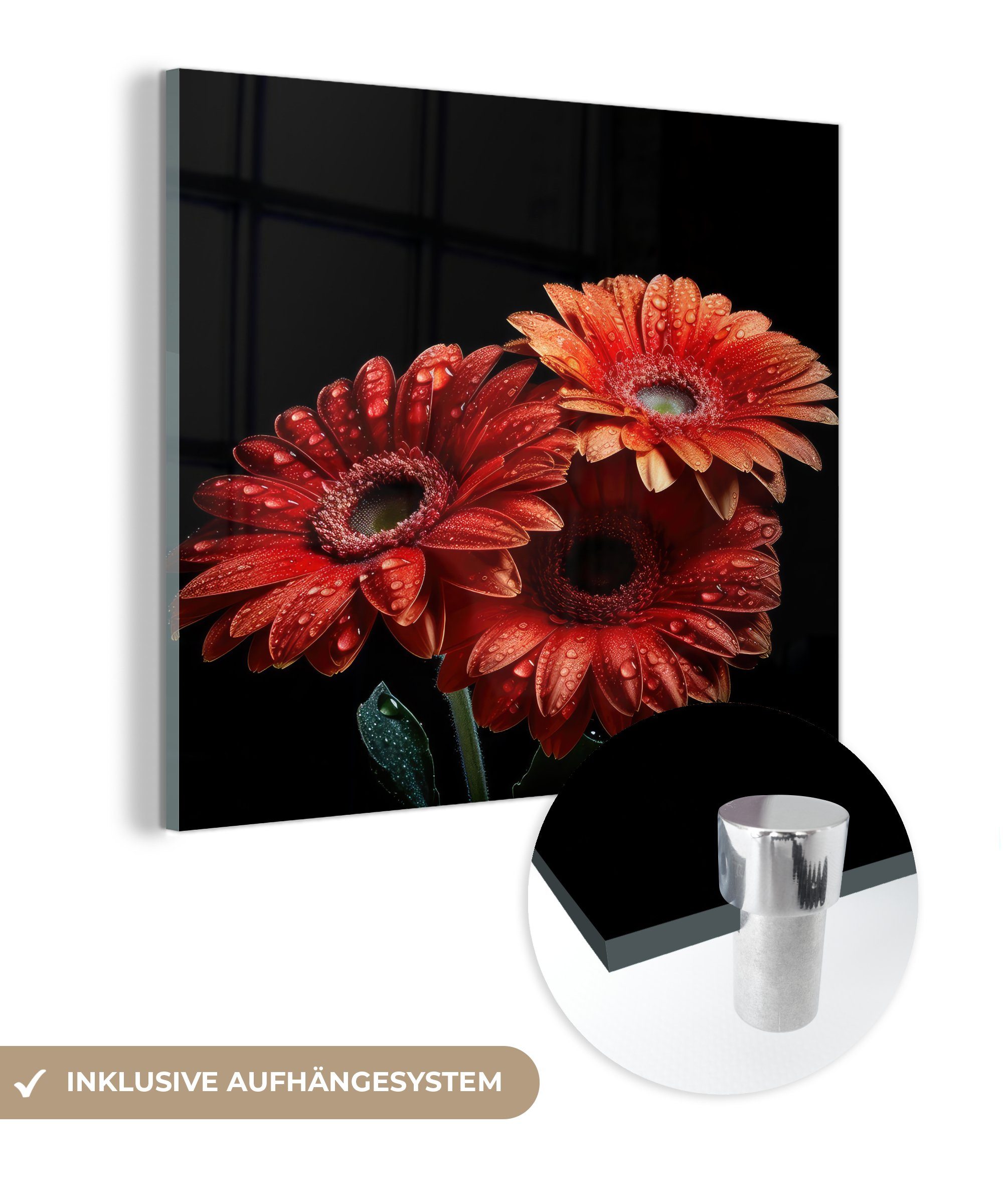 MuchoWow Acrylglasbild Blumen - Botanisch - Rot - Gerbera - Natur, (1 St), Glasbilder - Bilder auf Glas Wandbild - Foto auf Glas - Wanddekoration
