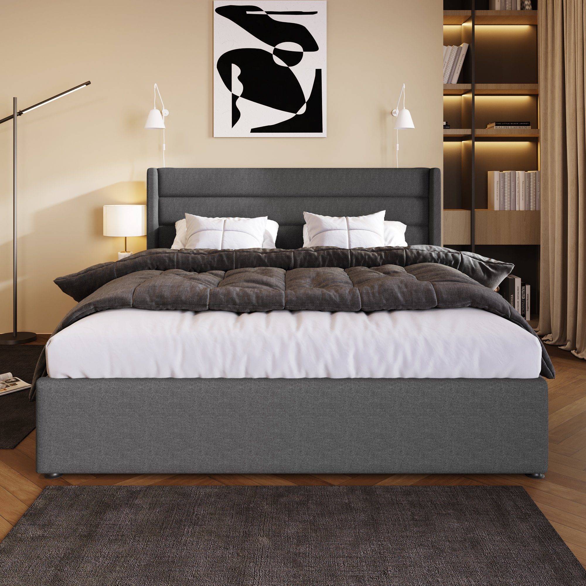 aus OKWISH Lattenrost 140x200cm Hydraulisch Bett Doppelbett Stauraumbett Lattenrost Matratze), Polsterbett Holz, (Grau, mit Metallrahmen aus ohne
