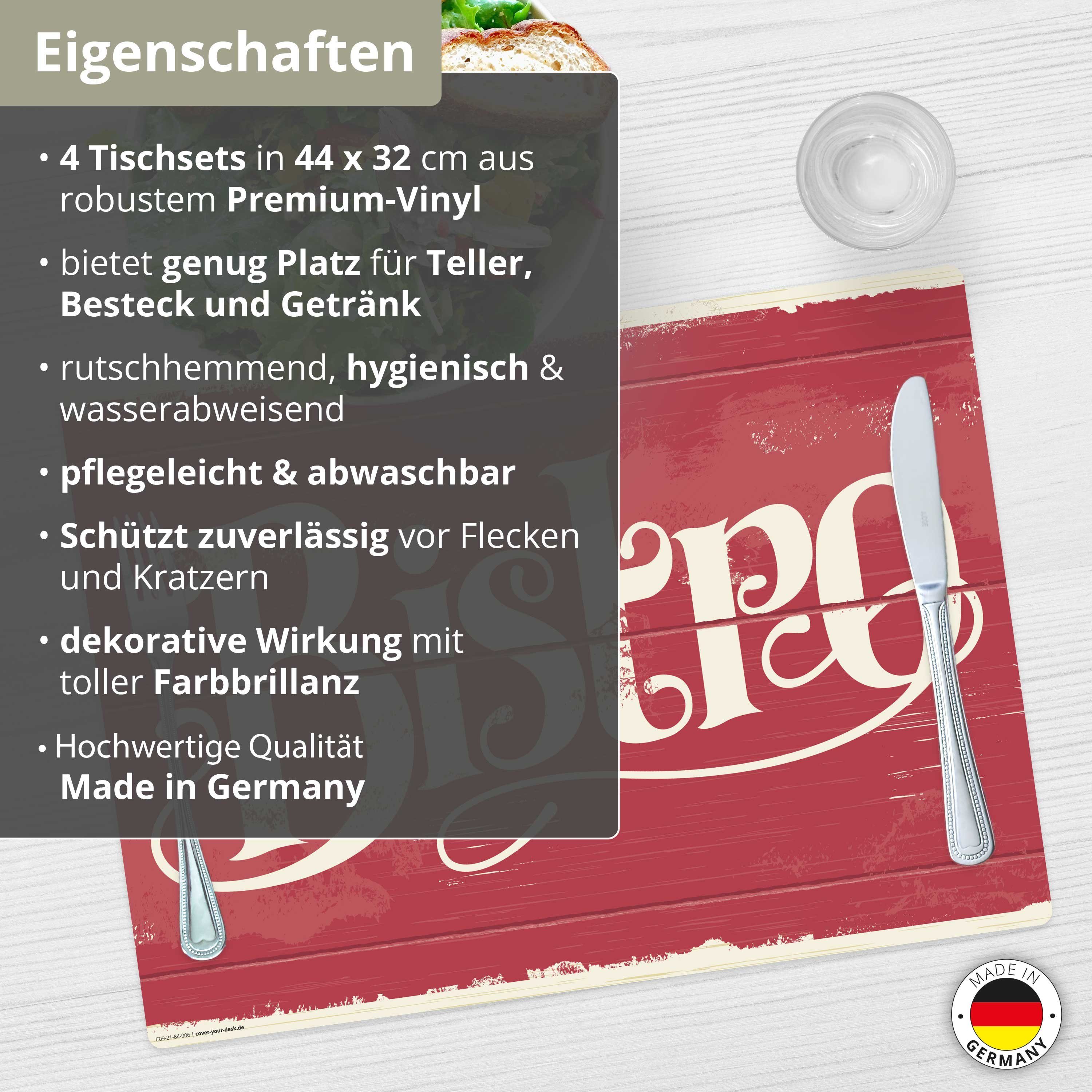 cover-your-desk.de Platzset Tischset, Platzset abwaschbar - Bistro Schriftzug Retro, (aus erstklassigem Vinyl (Kunststoff - BPA-frei), 4-St., rutschfeste Tischunterlage in tollem Design), Made in Germany