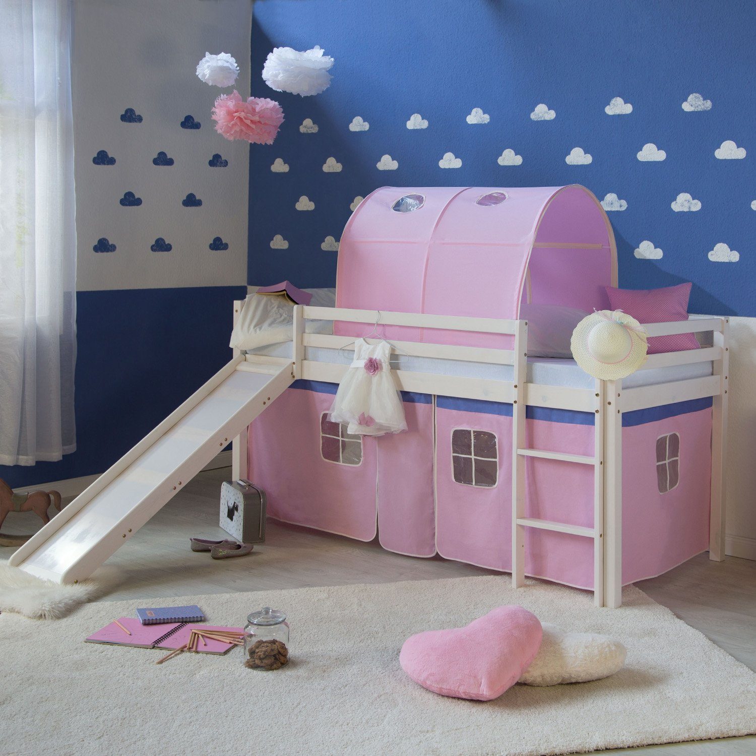 Homestyle4u Hochbett Kinderbett mit Leiter und Vorhang Weiß Rosa Holz Kiefer mit Tunnel