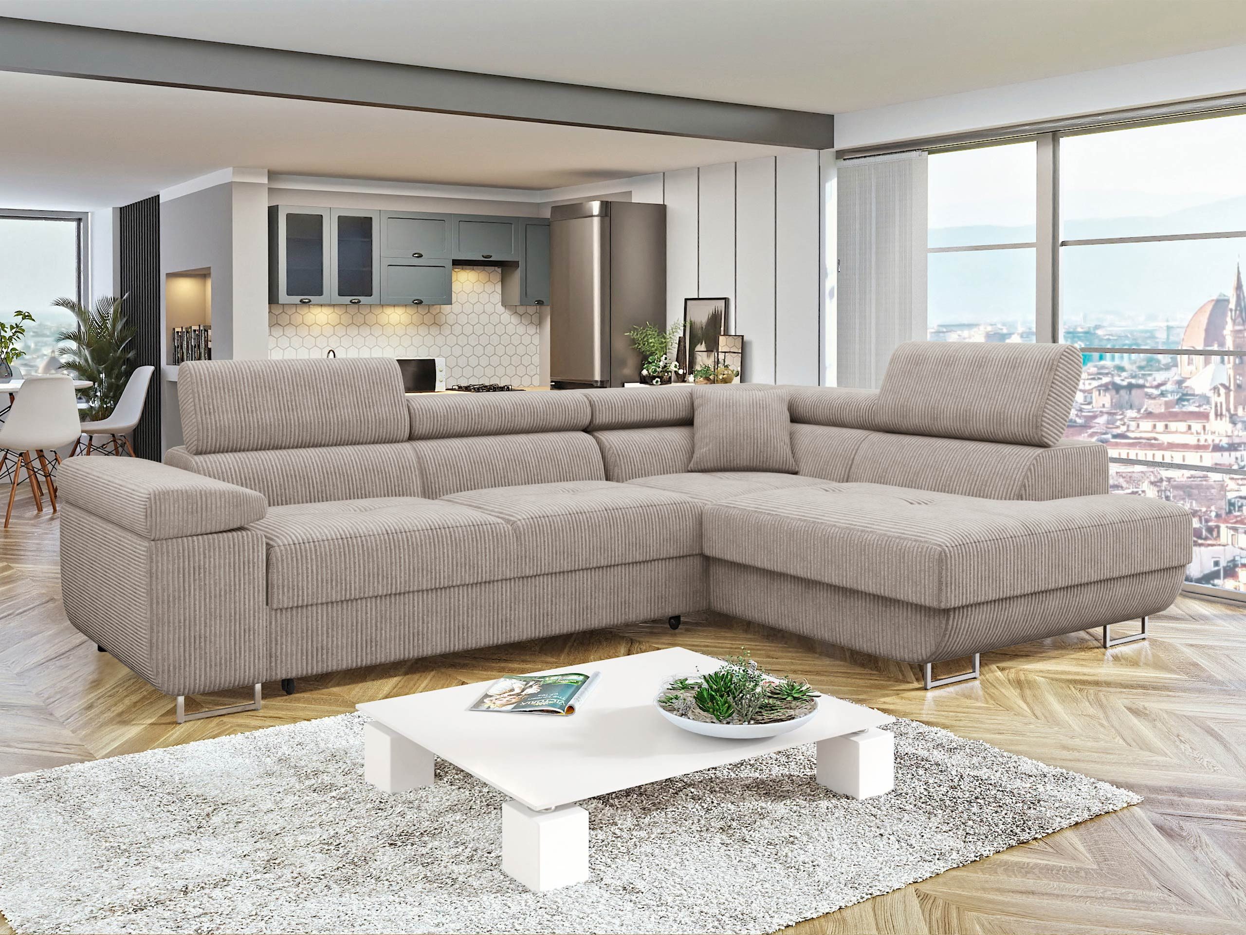 MIRJAN24 Ecksofa Torezio Cord, mit Bettkasten und Schlaffunktion, Einstellbare Kopfstützen, 274x203x70-90 cm