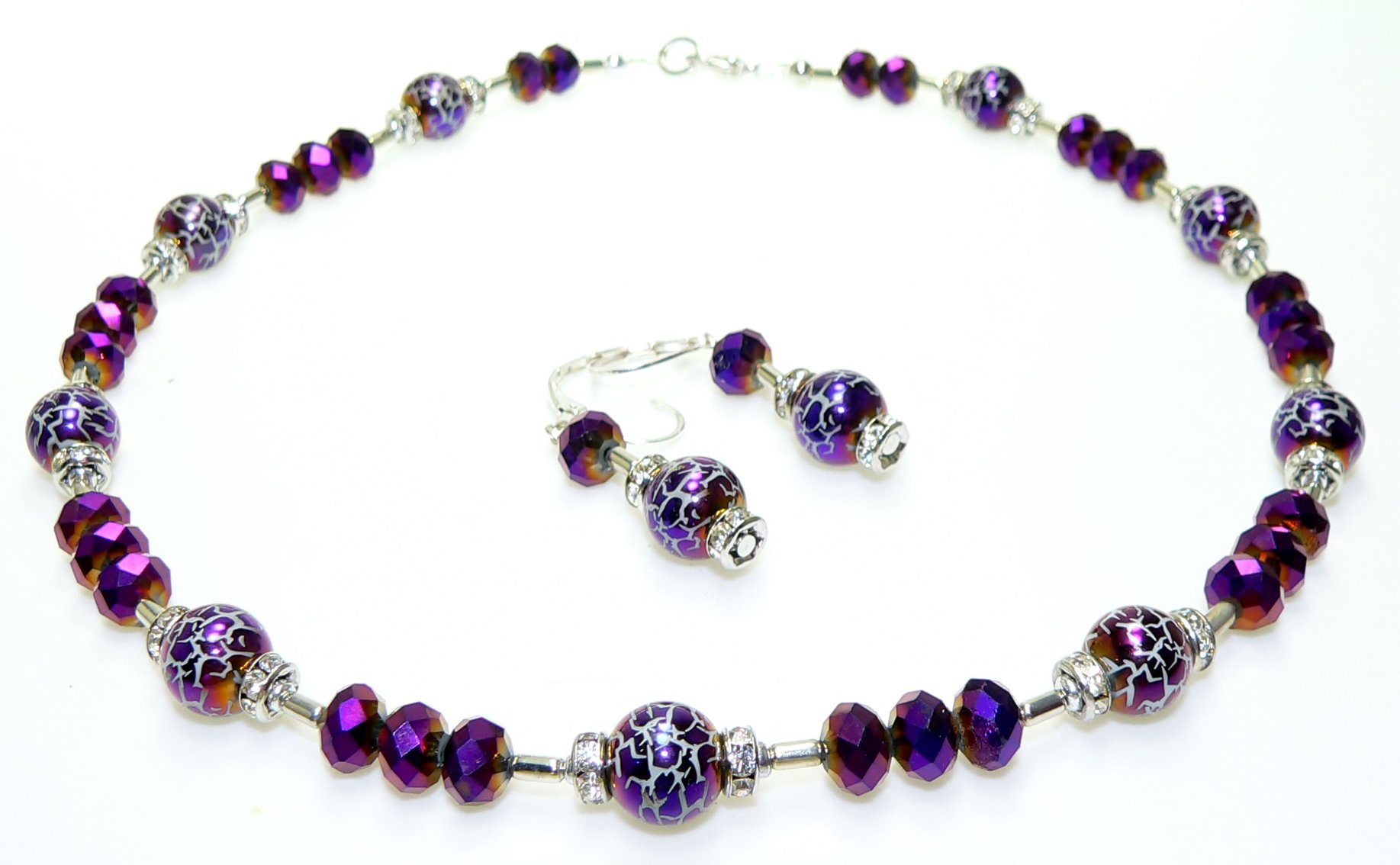traumschmuck Schmuckset 156b Schmuckset Halskette Ohrringe Perlen Glas Krakelee Lila Strass (incl. Schmuckbox), handgefertigt, Made in Germany