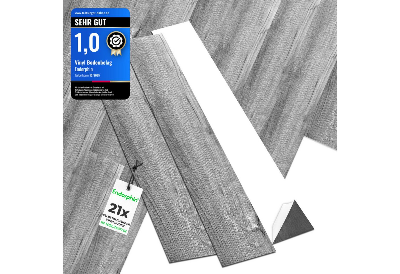 Endorphin Vinylboden Vinylboden selbstklebend in Holzoptik Dunkelgrau 2,93qm, selbstklebend, aus recyceltem Material, mit fühlbarer Oberfläche