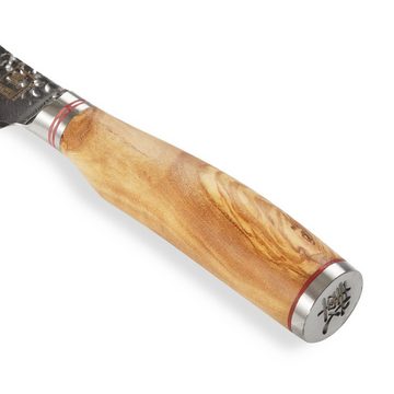 ZAYIKO Steakmesser Minami Damast 4er Steakmesser 12 cm Klingen Olivenholzgriffe Holzbox Hammerschlag auf Klinge