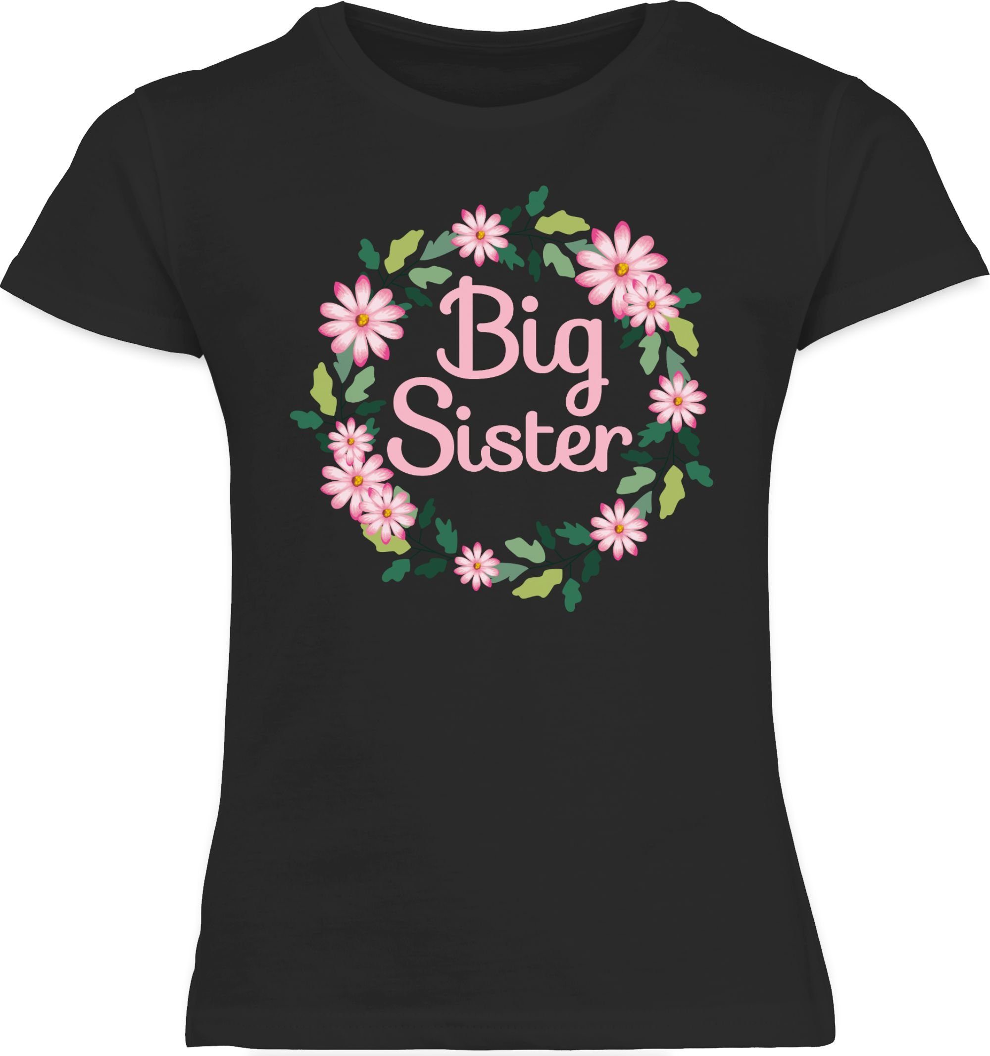T-Shirt Big Sister Shirtracer 3 Schwarz mit Blumenkranz Geschwister Geschenk Schwester