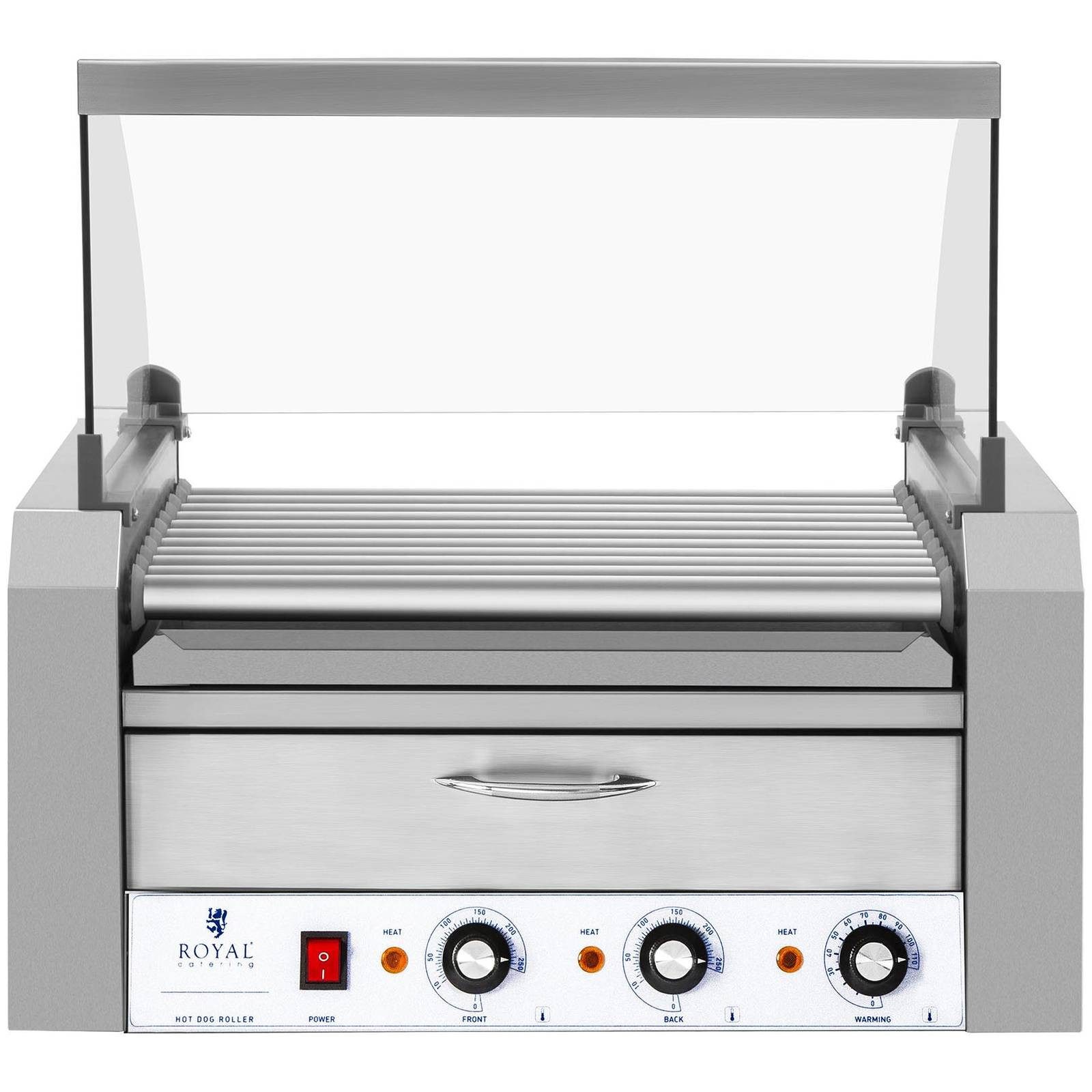 Royal Catering Elektrogrill Hot Dog Grill 11 Rollen Edelstahl Rollengrill Würstchengrill 2 Zonen, 2150 W, verschiedene Größen