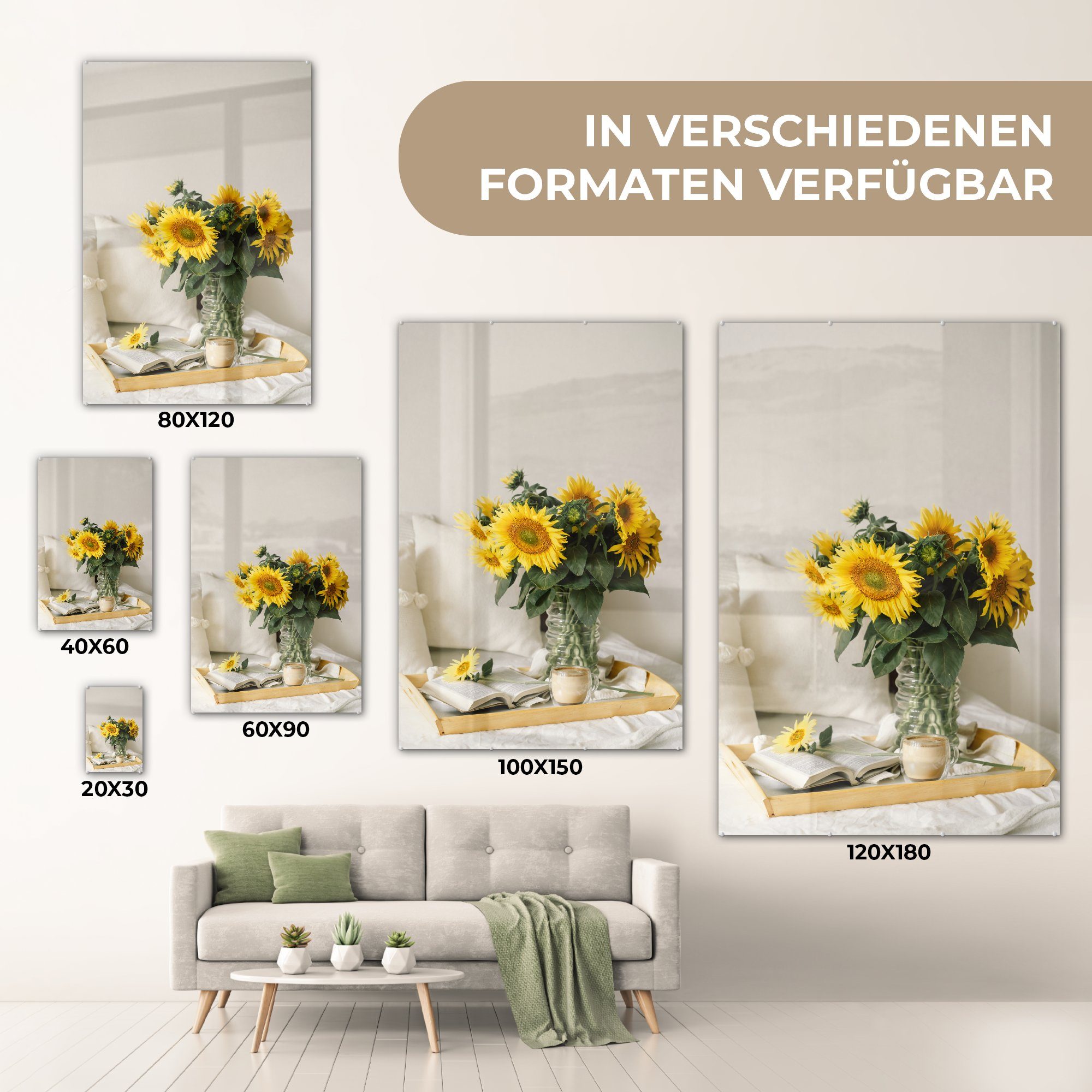 MuchoWow Acrylglasbild Bilder auf St), (1 auf Wanddekoration Glas - Tablett - - Wandbild Glas - Stilleben Foto Sonnenblumen, - Glasbilder