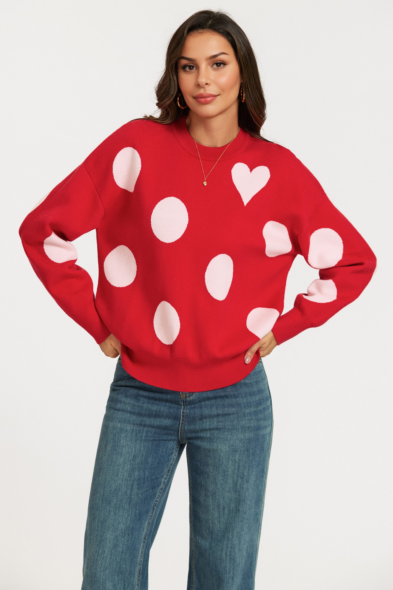 Strickpullover Damen Strickpullover mit Herz- und Punktmuster in Rot