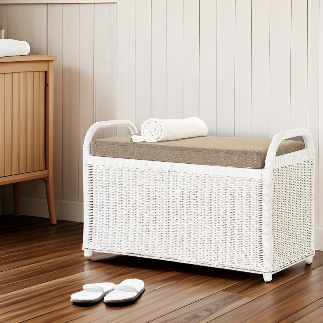 Krines Home Sitzbank Rattan Bank Sitzbank Sitzhocker mit Stauraum gepolstert Wäschetruhe 80, gepolsterter Deckel – Bild 5 von 5