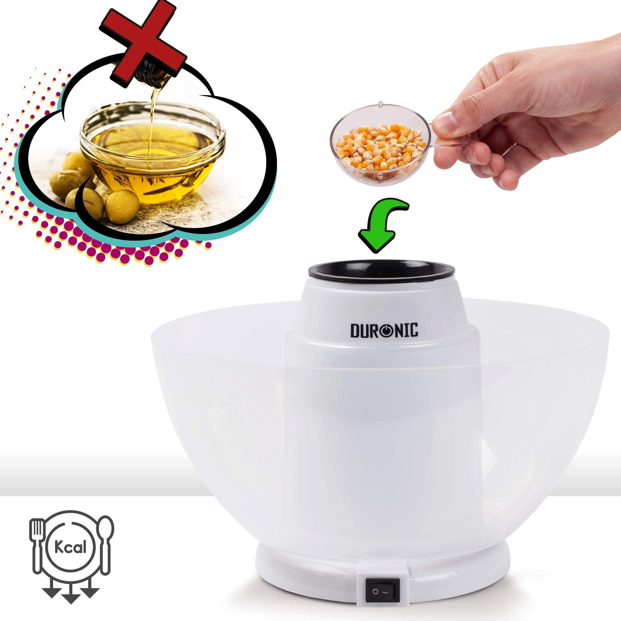 Duronic Popcornmaschine, POP50 WE Popcornmaschine, Heißluft ohne Fett & Öl, 1200 Watt