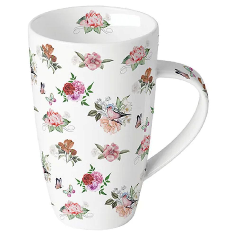 Ambiente Luxury Paper Products Becher Rosen, Blumen Mix, Vogel, Tiere - Pflanzen - Essen, Trinken Motiv, 1-tlg., Porzellan Kafee-Tee Tasse, Charlotte - Rosen, Blumen-Mix, Porzellan Tasse- Frühling / Herbst / Sommer / Winter Kollektion