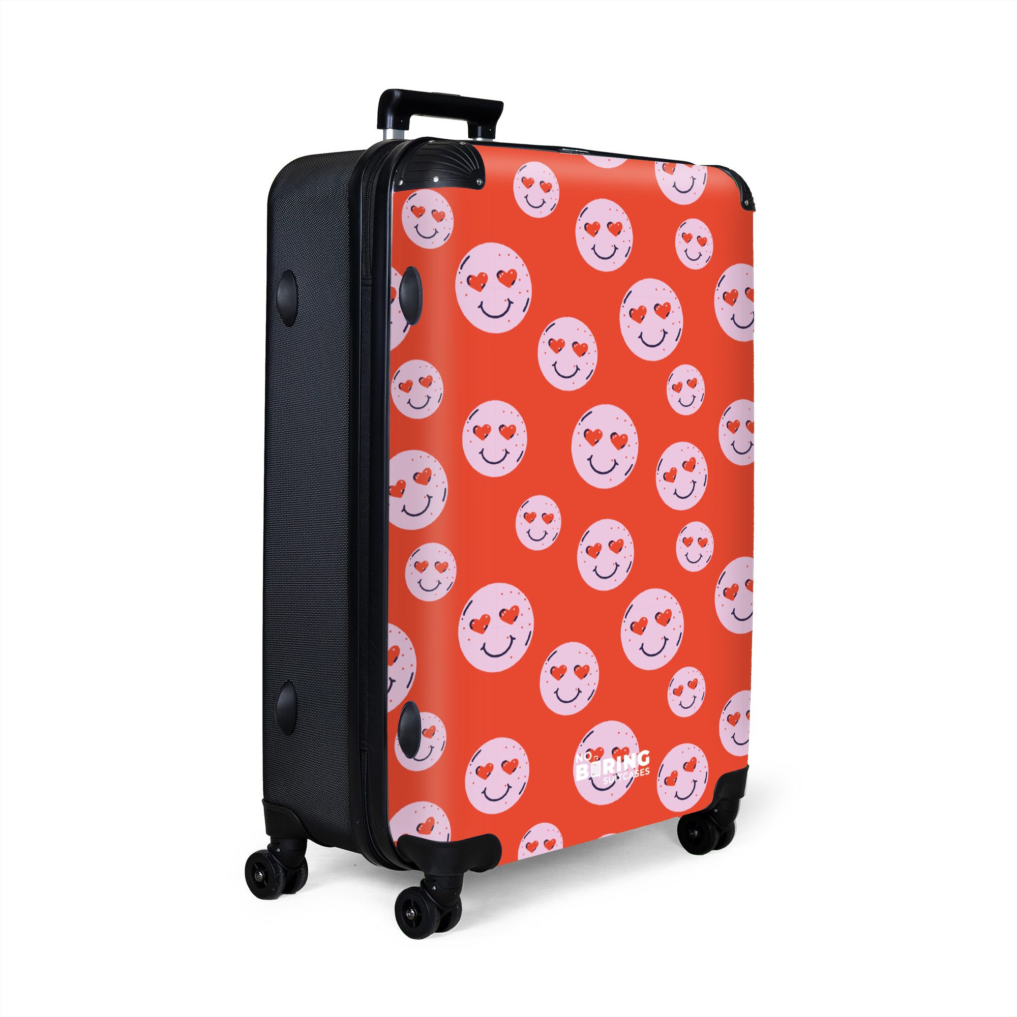 NoBoringSuitcases.com© Hartschalen-Trolley Rot mit rosa Smileys günstig online kaufen
