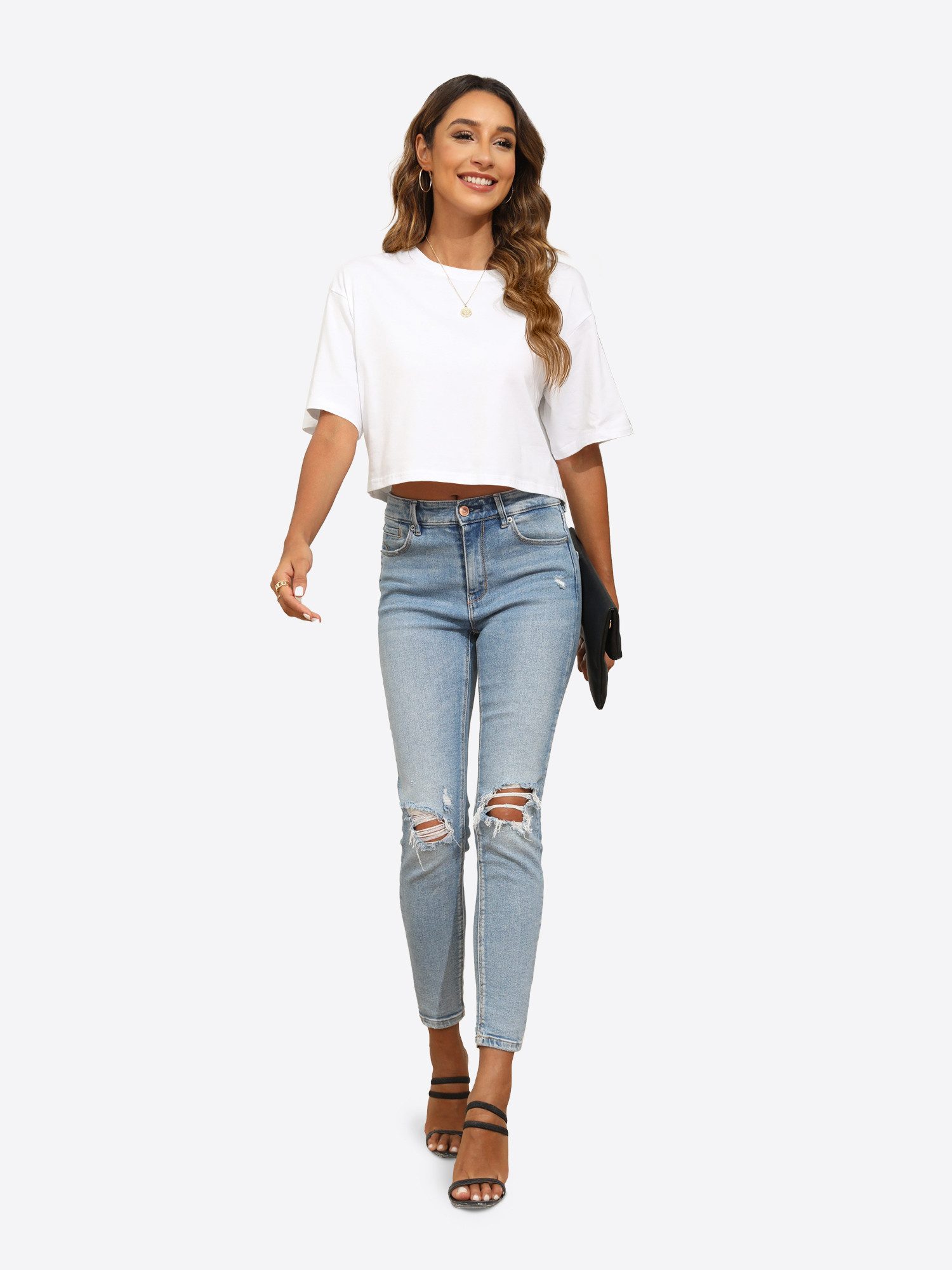 Imily Bela T-Shirt Damen Kurzarm Bauchfrei Top (Packung, 1-tlg., 1per-Pack) in Unifarbe