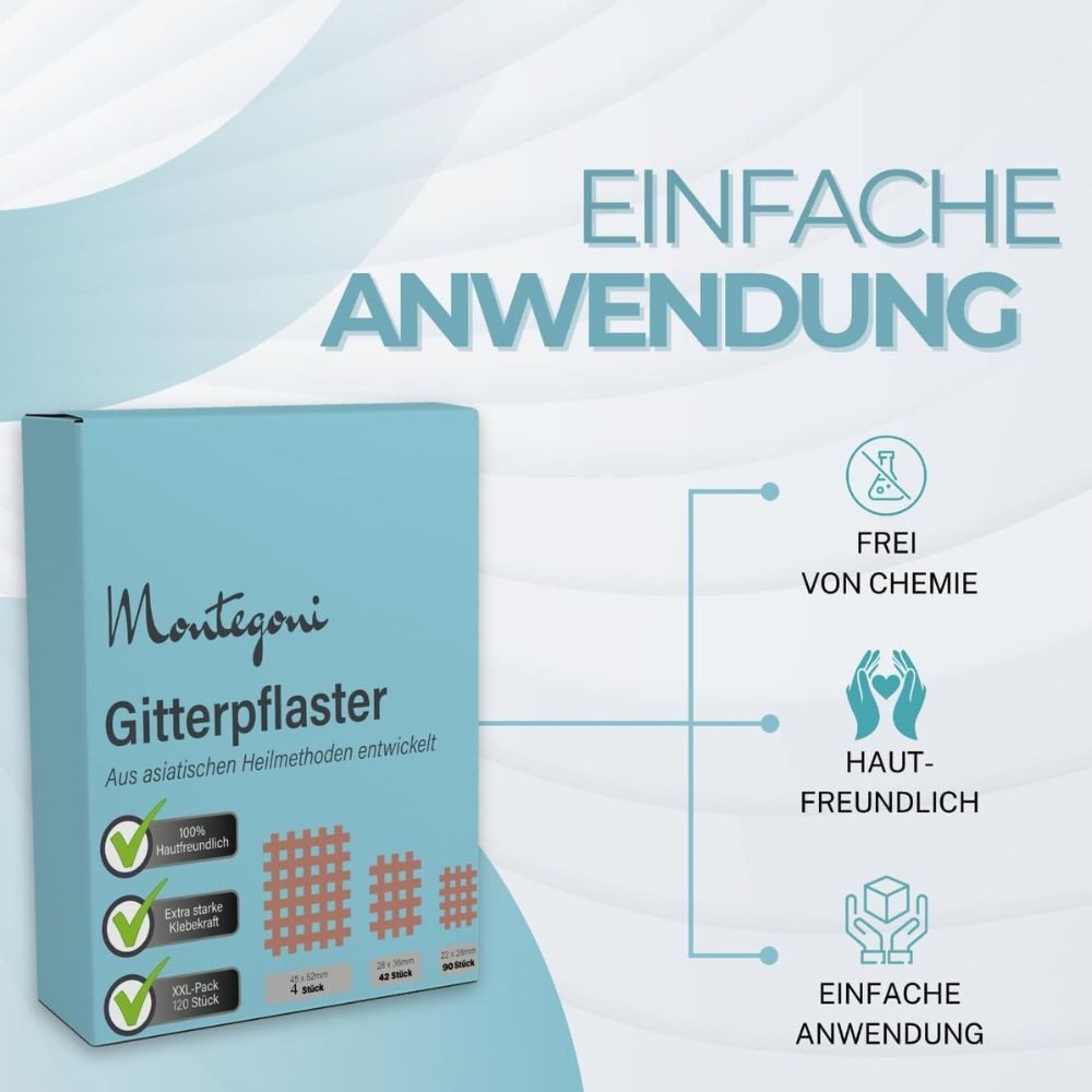 Montegoni Insektenstichpflaster 136er Crosstape Set – Hautfreundliche Akupressur Pflaster Mix (Crosstape Therapie Set, 136 Multi-Size Pflaster Mix), Hautfreundliches gittertape zur Akupressur mit Anleitung