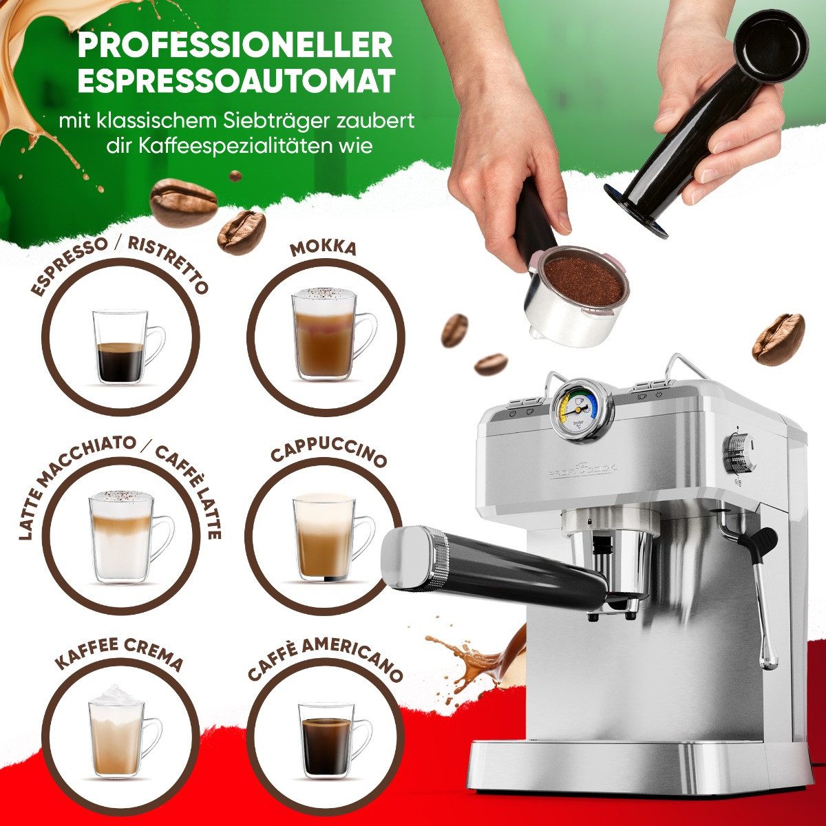 ProfiCook Espressomaschine PC-ES-KA 1267, Espressopumpe 20 bar, 2 Siebträger, Dampfdüse