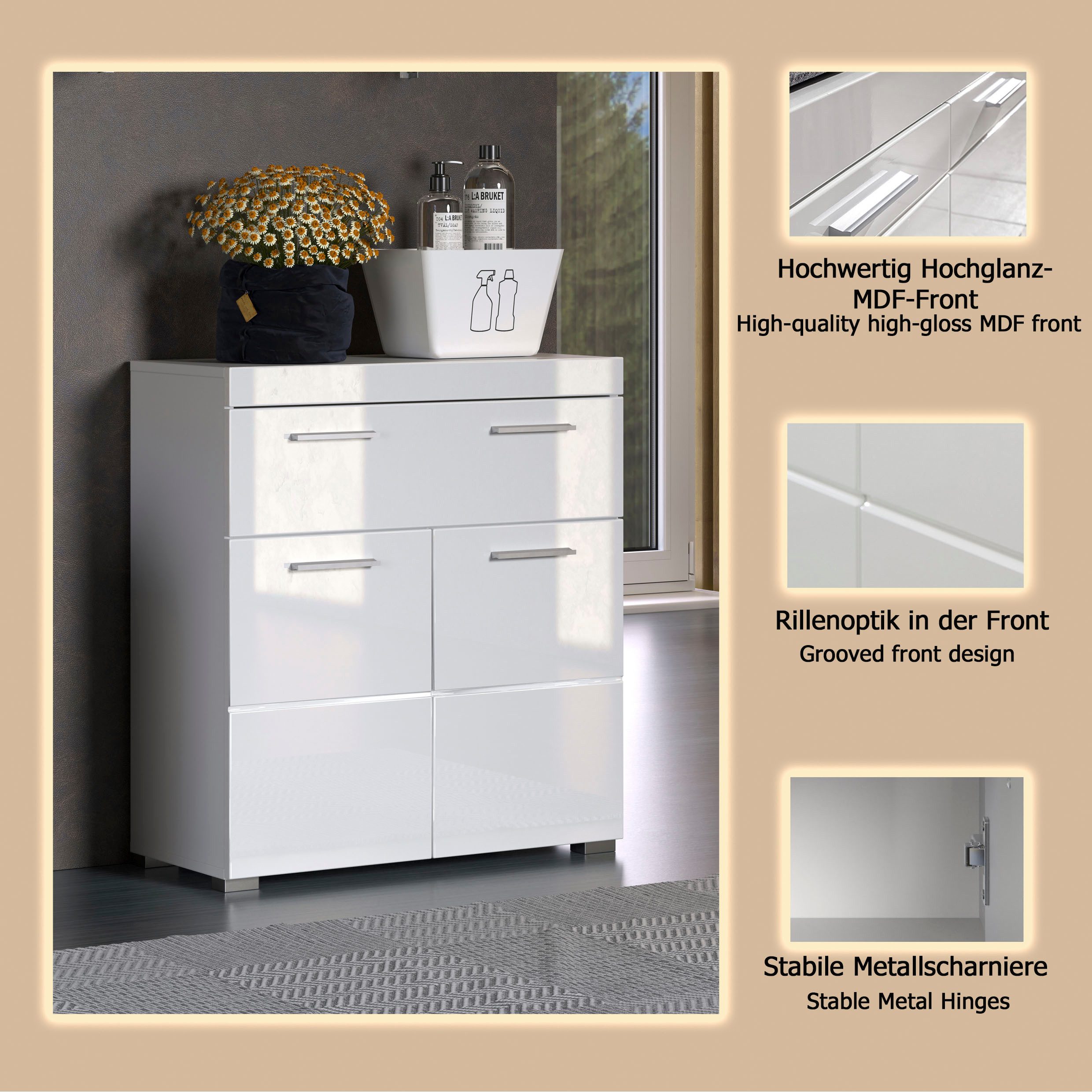 welltime Unterschrank Avena Standschrank mit 2 Türen, 1 Schublade - (B/T/H) 73/31/79 cm – Bild 4 von 5