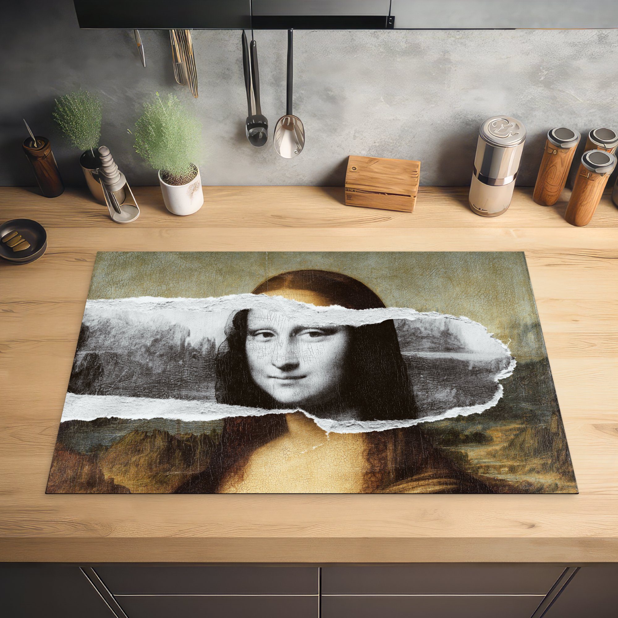 MuchoWow Herdblende-/Abdeckplatte Mona Lisa tlg), - Schwarz cm, für Ceranfeldabdeckung Vinyl, Vinci, 81x52 Induktionskochfeld und (1 weiß - Da küche, die Schutz