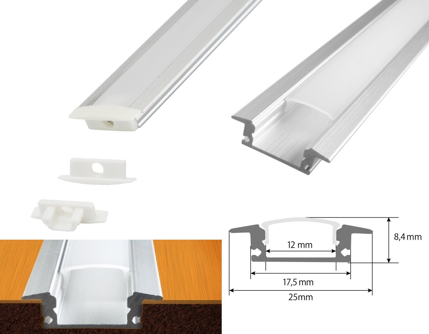 ENERGMiX LED-Stripe-Profil 2 Meter Aluprofile Alu Schiene Profil LED Kanal Schiene für LED Strip, Profil Kanal LED Leiste 200cm inkl. Clips und Endkappen – Bild 4 von 4