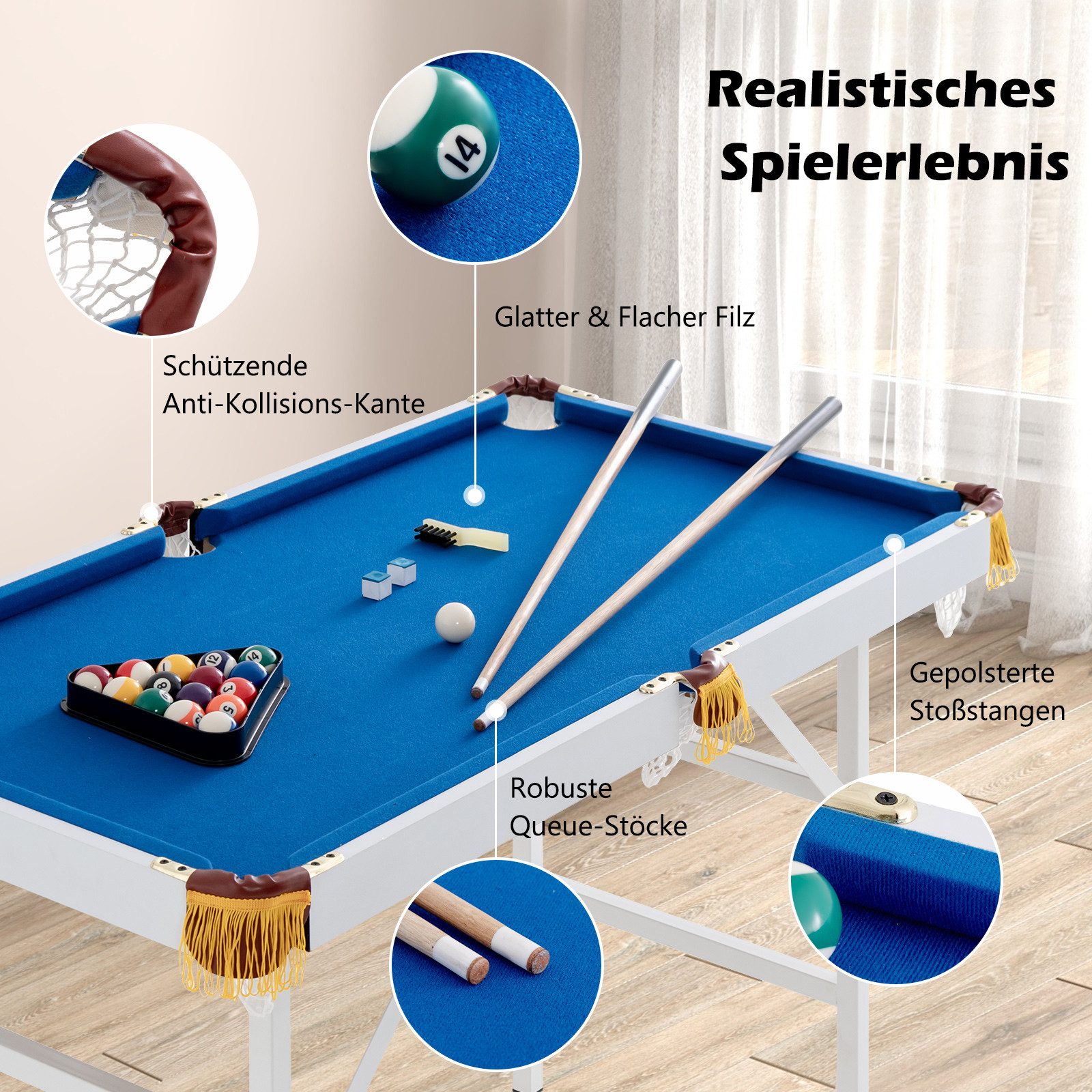 COSTWAY Billardtisch, 122cm klappbar Spieltisch mit 2 Queue, Kugelset