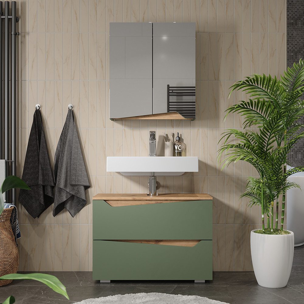 Vicco Badezimmerspiegelschrank Marelle, Grün/Artisan, 60 x 67 cm mit höhenverstellbarem Einlegeb... (1-St)