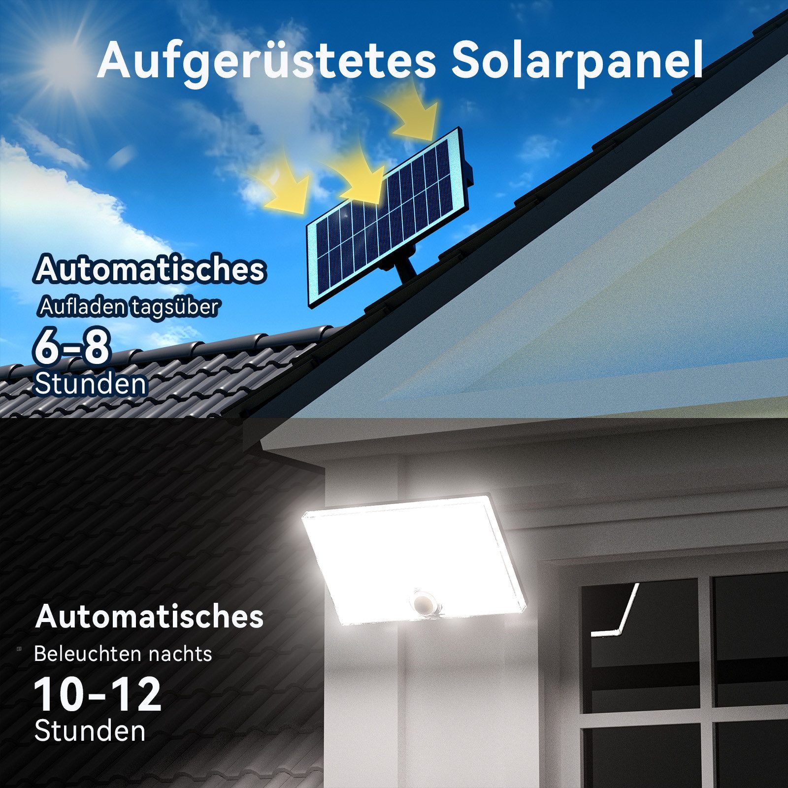skelo LED Solarleuchte Solarlampen für Außen, Solarleuchte mit Bewegungsmelder, 204 LED, solar strahler außen, LED fest integriert, Kaltweiß, 3 Modi, IP65, PIR-Sicherheitsleuchte für Garten, Hof, Schuppen, Garage