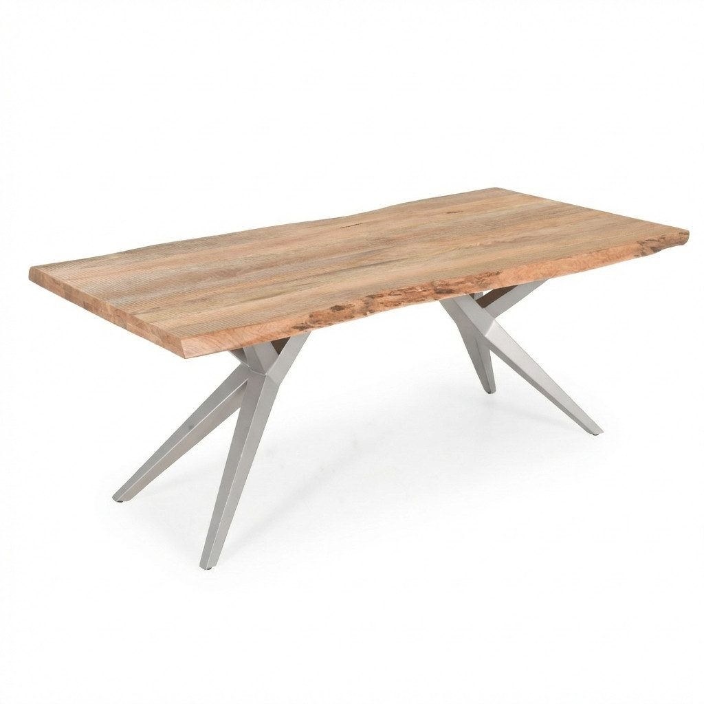 WOLF MÖBEL Esstisch Baumkantentisch "live edge" Mango 200x100 cm, Eisengestell silber matt (200 x 100 x 77), Baumkantentisch "live edge" Mango 200x100 cm, Eisengestell silber matt