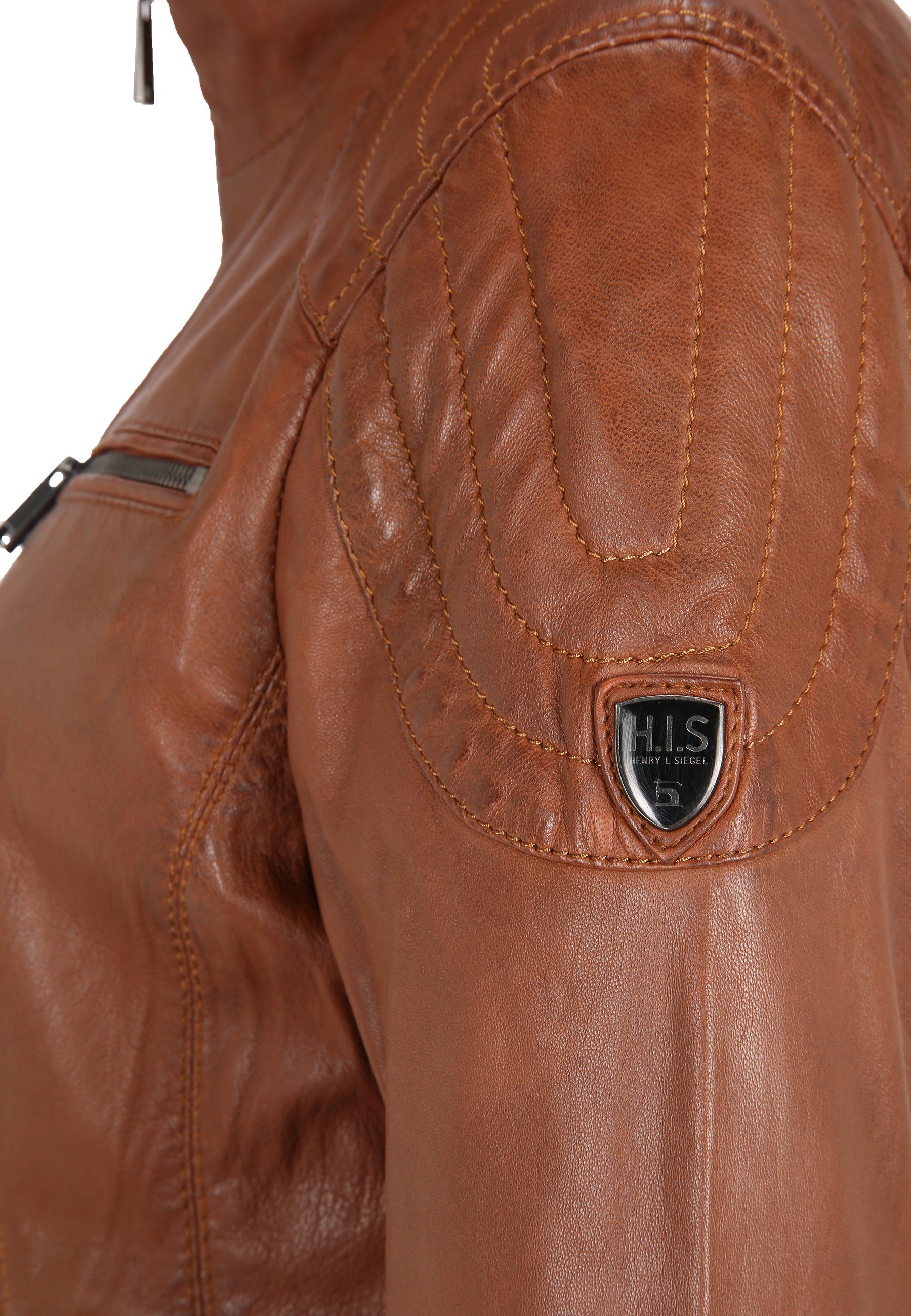 mit Lederjacke Schulterpolster-Detail COGNAC mit H.I.S D Ziernähten