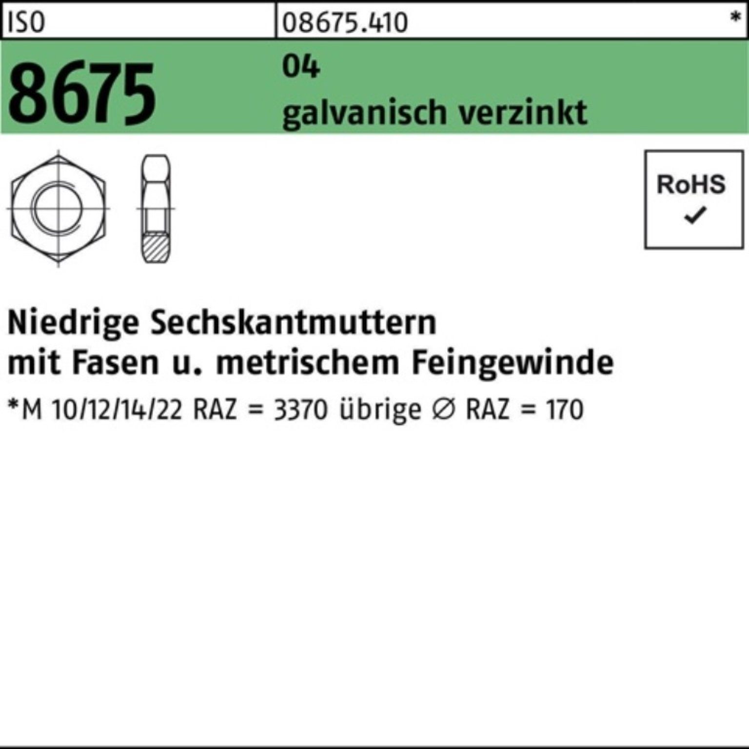 Reyher Muttern 100er Pack Sechskantmutter ISO 8675 Fasen M24x2 Automatenstahl galv.ve