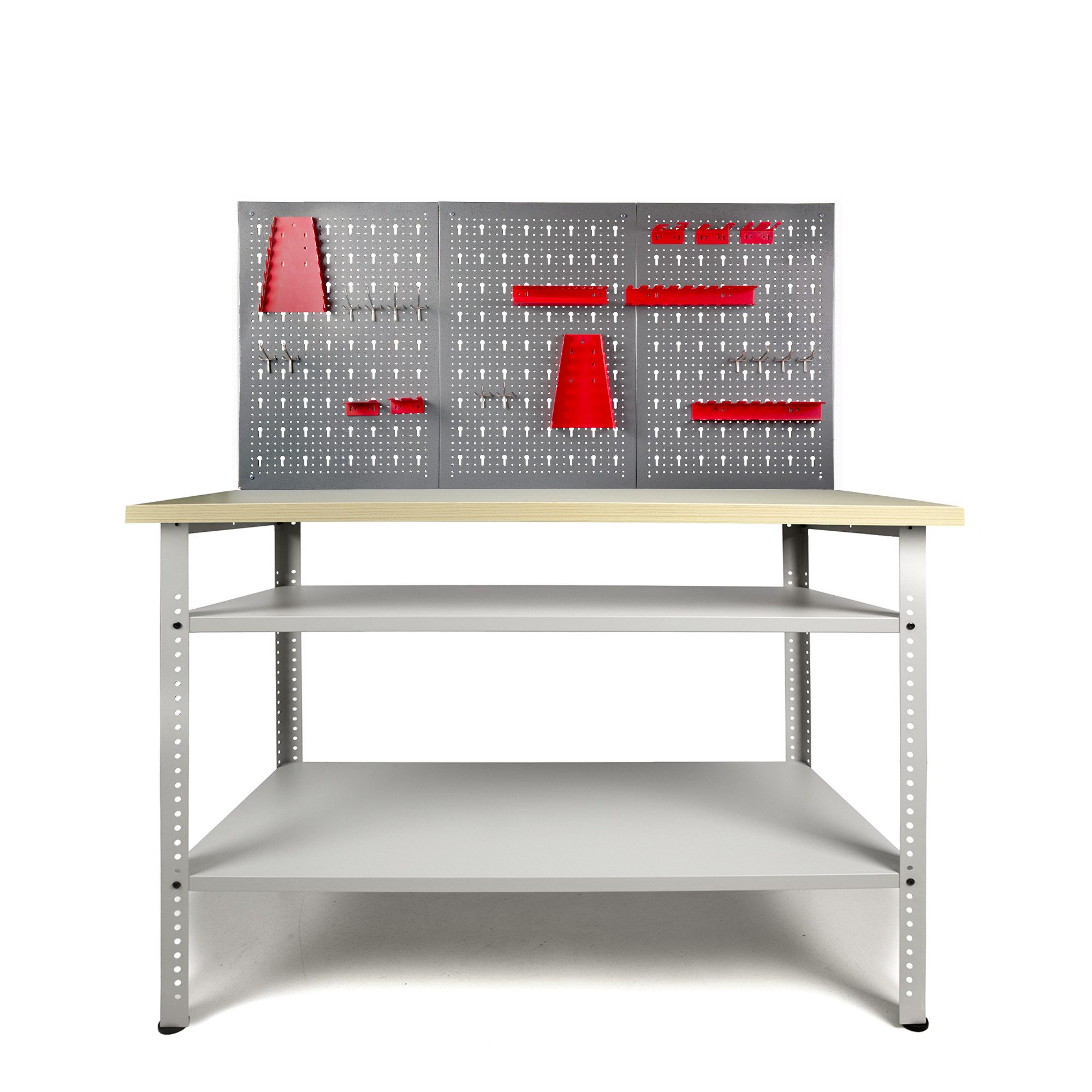ONDIS24 Werkstatt-Set Werkbank Basic Pro mit Lochwand und Hakensortiment 95 cm Arbeitshöhe, 120 x 60 x 154 (H) cm 25mm Platte 2 Ablagen Metall