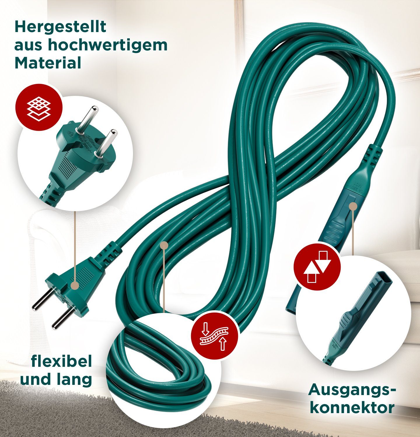 VIOKS Elektrokabel Ersatz / Vorwerk VK140 VK141 VK150 für 10m Handstaubsauger / Kobold Netzkabel, für