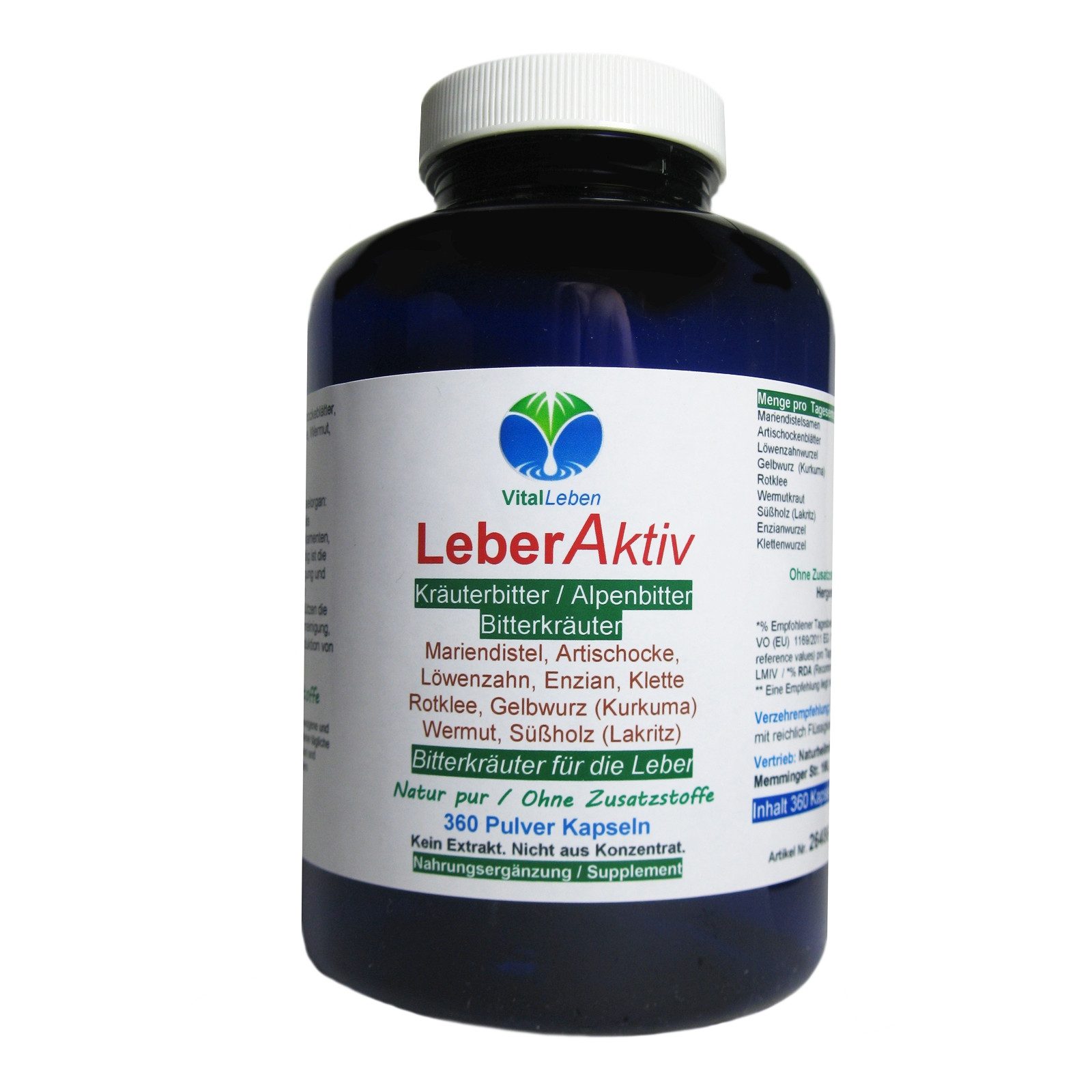 VitalLeben LeberAktiv 9fach Pflanzenpulver Komplex Bitterkräuter - Ohne Zusätze - Kapseln, 1 er Dose à 360 St., 172,8 g, Art. 26486-360