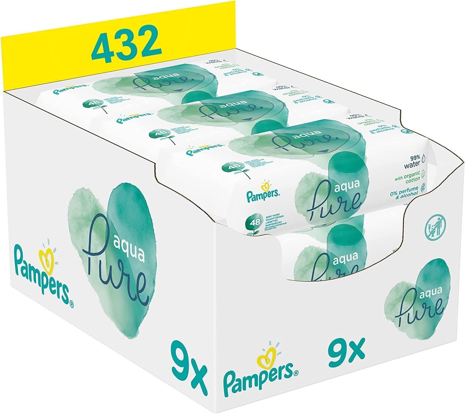 Pampers feuchtes Toilettenpapier Aqua Pure Baby Feuchttücher, mit 99 %  purem Wasser und Bio-Baumwolle, 432-tlg.