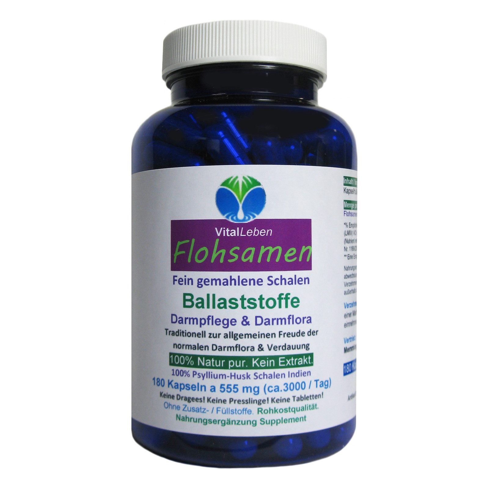 VitalLeben Flohsamen Premium feine Flohsamenschalen aus INDIEN Ballaststoff Kapseln, 1 er Dose à 180 St., 99,9 g, Art. 26610-180