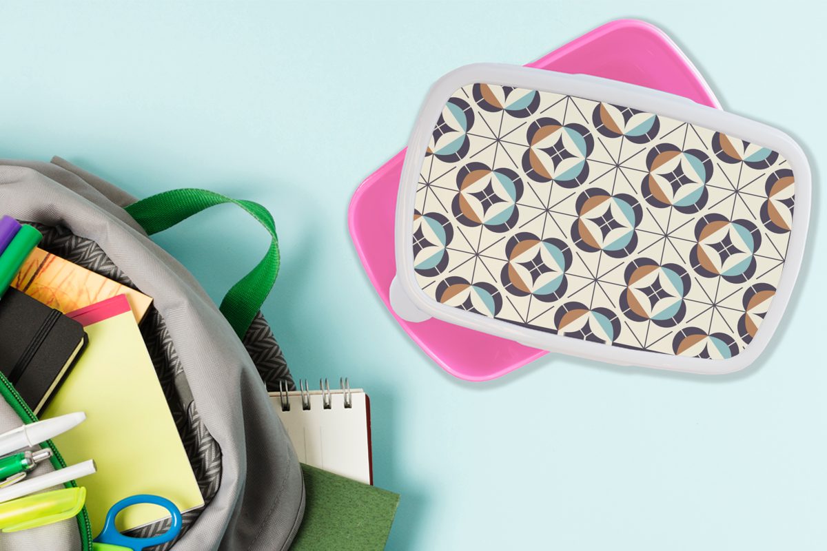 MuchoWow Lunchbox Retro Snackbox, Geometrie, (2-tlg), Kunststoff, Erwachsene, Design - Kunststoff Mädchen, für rosa - Brotdose Kinder, Brotbox