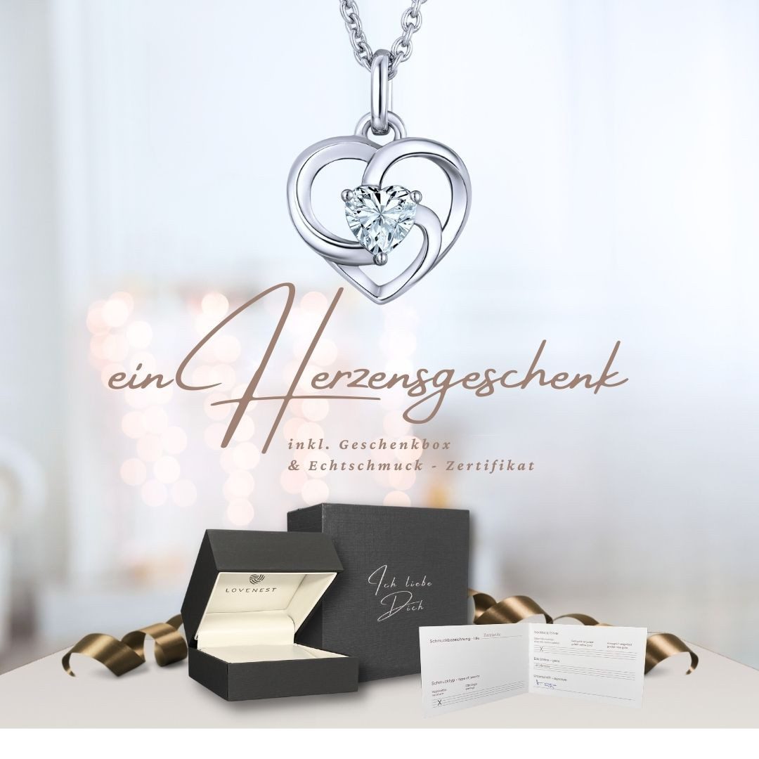 LOVENEST Herzkette Halskette Damen Silber 925 / Gold vergoldet mit Herz-Anhänger Zirkonia (Silberkette Anhänger Geschenke für Frauen Valentinstag Frau Freundin, Geschenkset Damenkette Weihnachten Set), Sie Geburtstag Hochzeitstag Liebesbeweis Liebesgeschenk Herz Schmuck