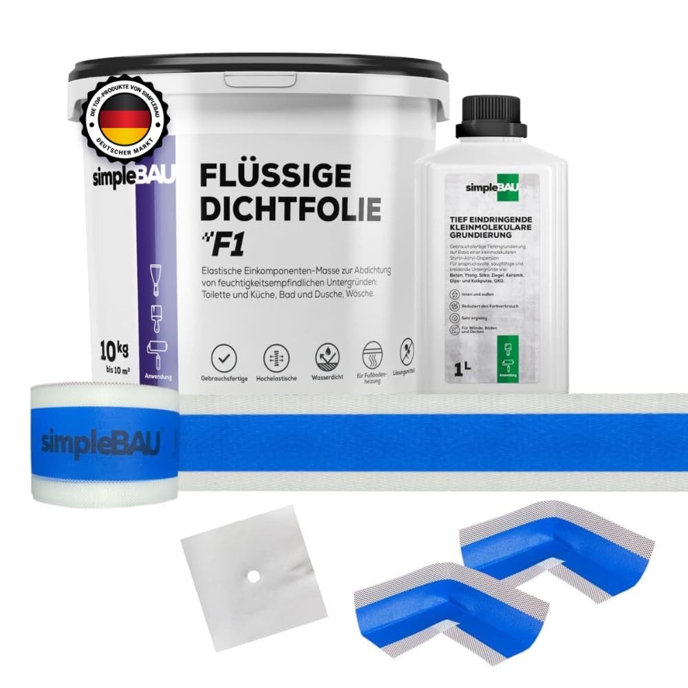 simpleBAU Dichtstoff Flüssigfolie Dichtfolie F1 10 kg + Tiefengrund 1L, (5-tlg)