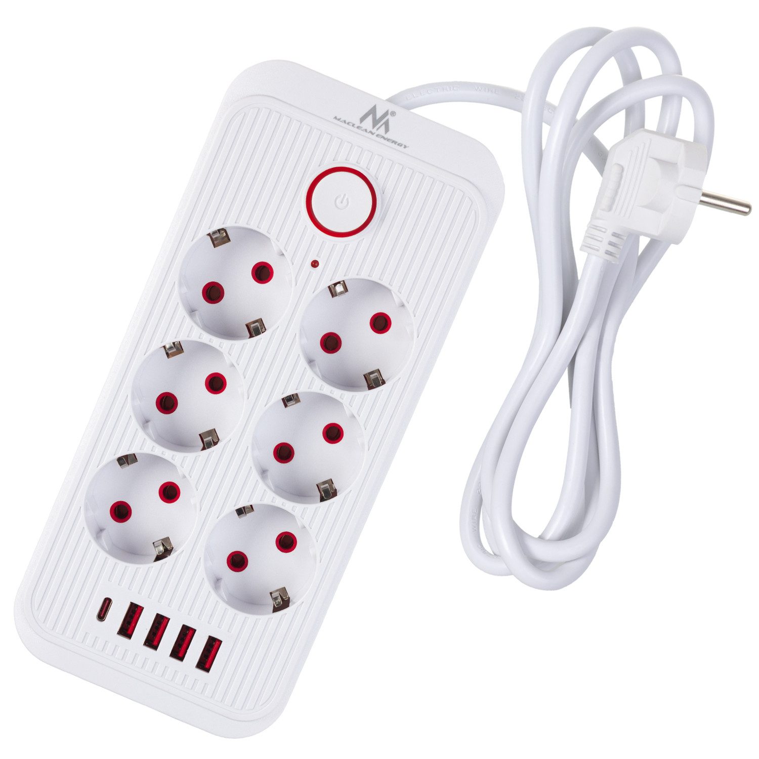 Maclean Steckdosenleiste 6 Steckdosen 2500W 4xUSB Mehrfachsteckdose 6-fach (Ein-/Ausschalter, Kabellänge 1,5 m), 110-240V AC 50/60Hz, 2,1A max 2500W