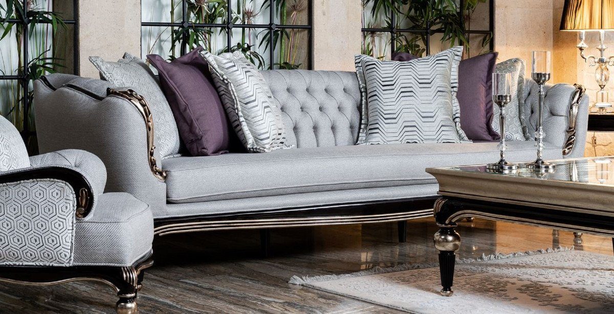 Casa Padrino Sofa Luxus Barock Sofa Grau / Schwarz / Silber - Handgefertigtes Wohnzimmer Sofa - Barock Wohnzimmer Möbel