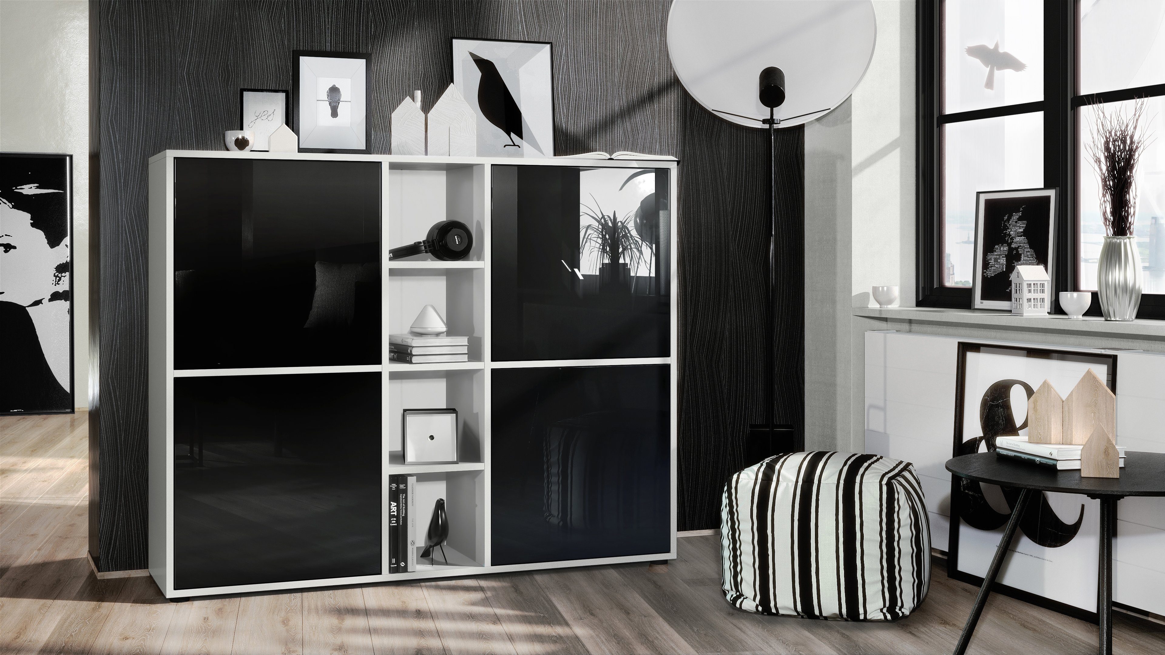 Vladon Highboard Cuba V3 (Highboard, Schrank Anrichte Cuba V3 mit 12 Fächern), Korpus in Weiß matt / in Schwarz glänzend (130,5x105,5x35,5 cm)