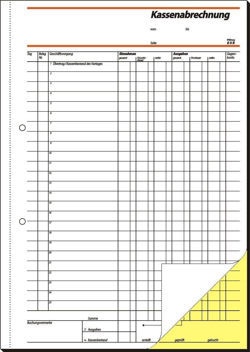 Formularblock Formularbuch Kassenabrechnung A4 selbstdurchschreibend VE=2x40 Blatt.