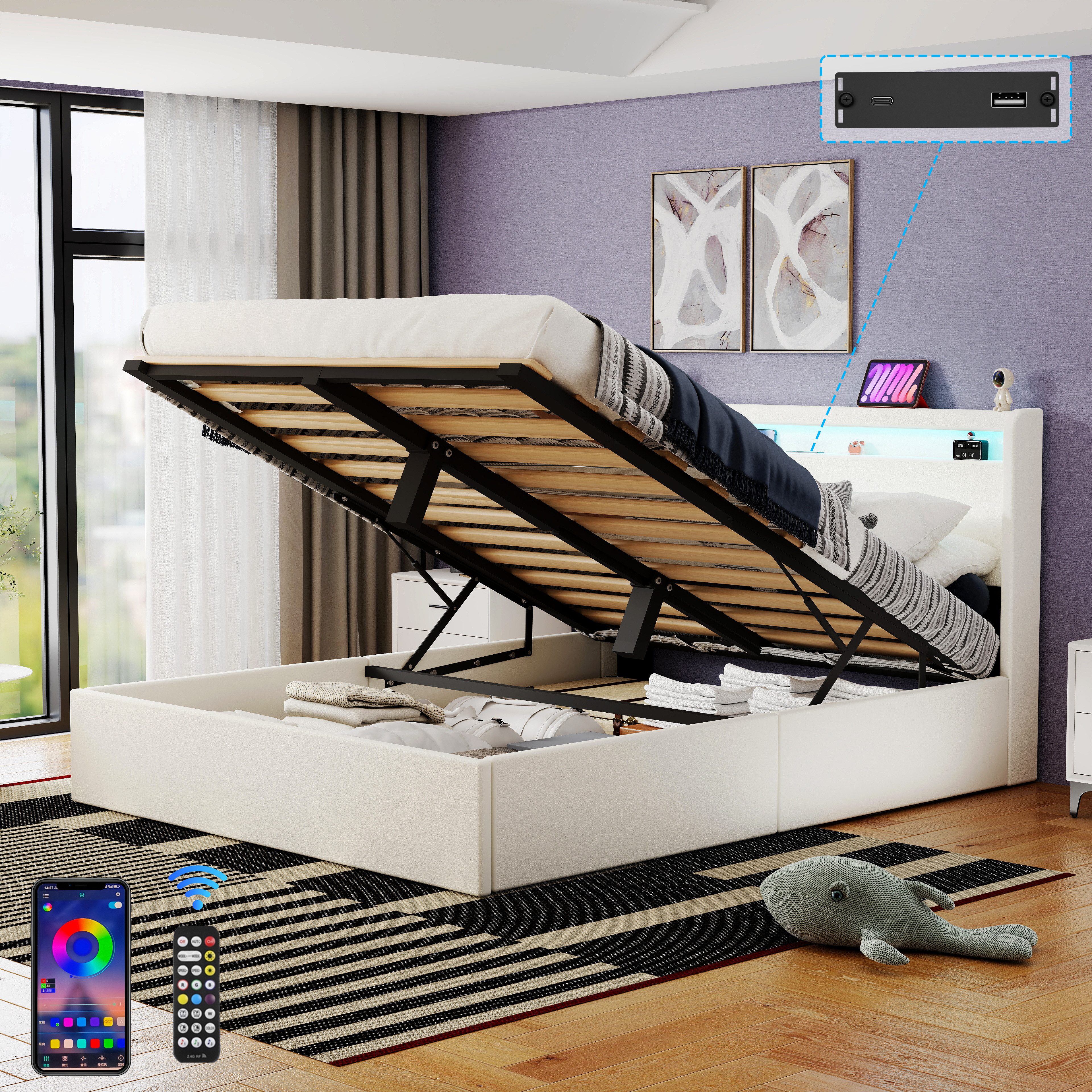 oyajia Polsterbett Stauraumbett Doppelbett LED, PU-Kunstleder (Type-C + USB, Hydraulisch hebbarer Stauraum), Modernes Jugendbett, Leises Design Bett, Max. Belastbarkeit 365 kg