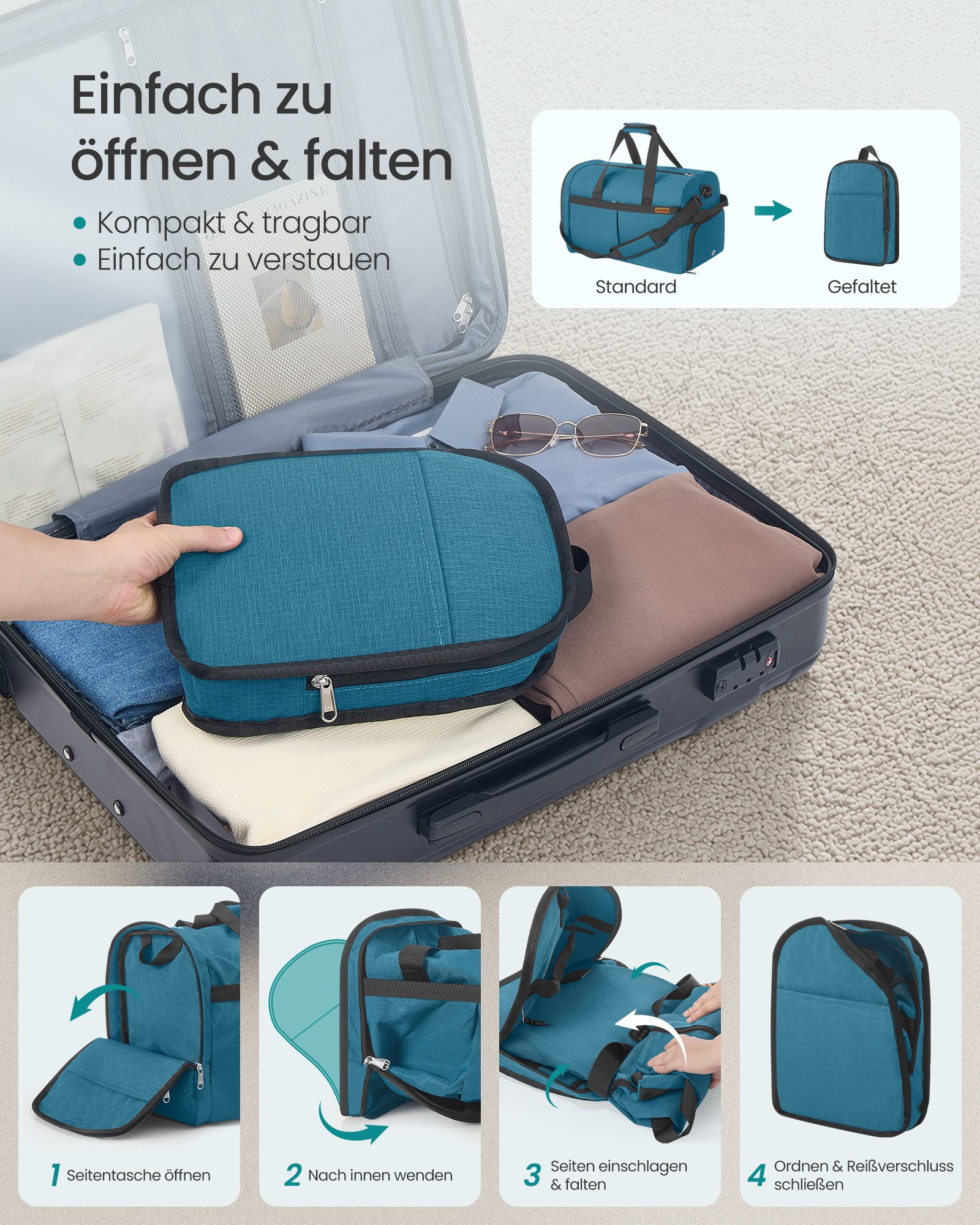 SONGMICS Reisetasche Reisetasche mit Schuhfach & Nassfach, Faltbare Sporttasche Weekender, 50 L, 55 x 35 x 25 cm, Blau – Bild 5 von 5