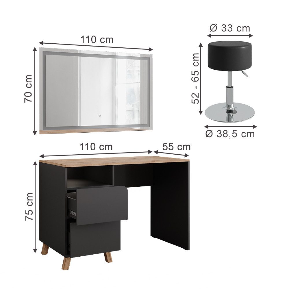 Vicco Schminktisch Karen, Anthrazit/Artisan, 110 cm mit Hocker und LED-Spiegel (3-St)