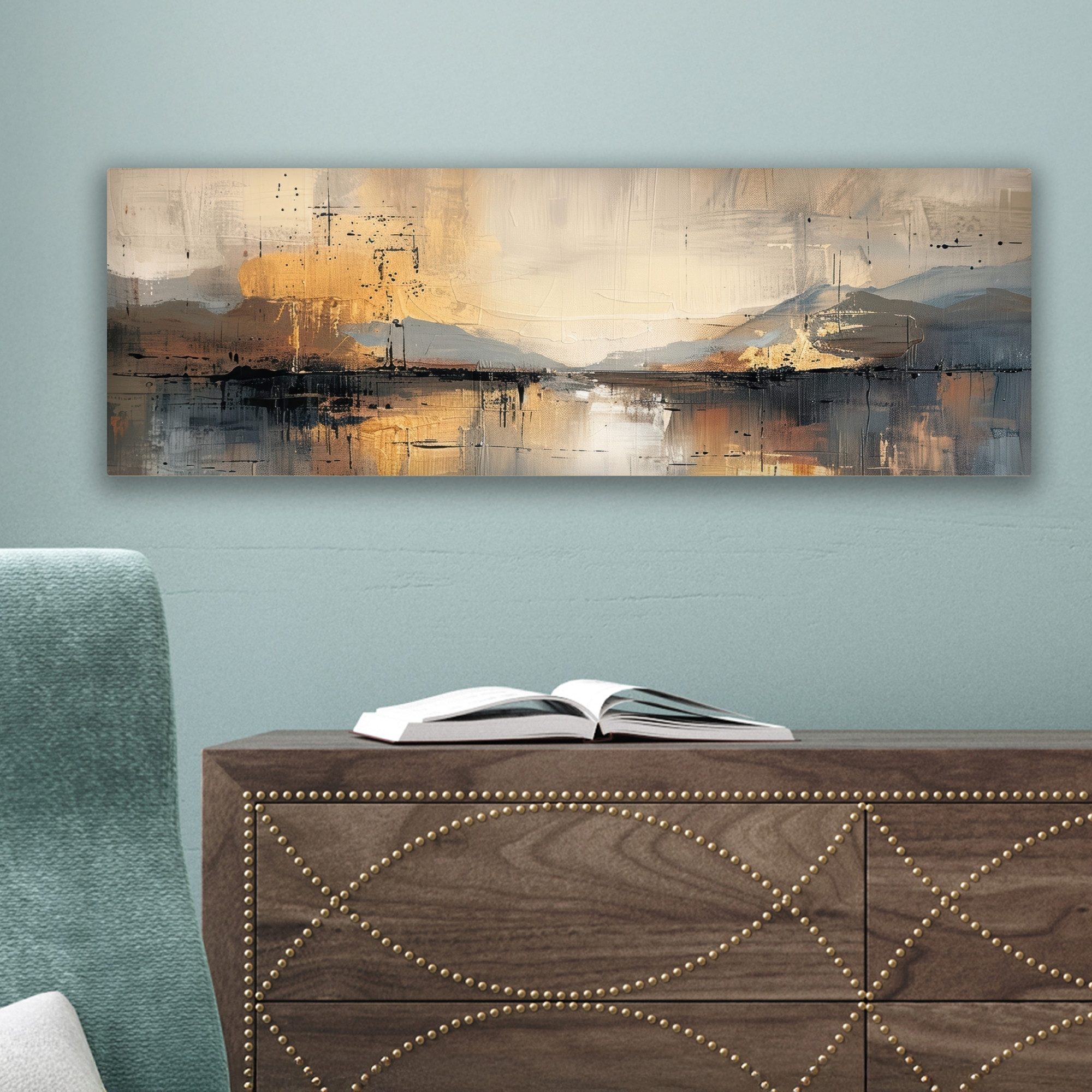 OneMillionCanvasses® Leinwandbild Panorama Abstrakt - Modern - Beige - Ästhetisch - Gold, Fotodruck (1 St), Wandbild, Deko Schlafzimmer Wohnzimmer Flur 60x20 cm – Bild 5 von 5
